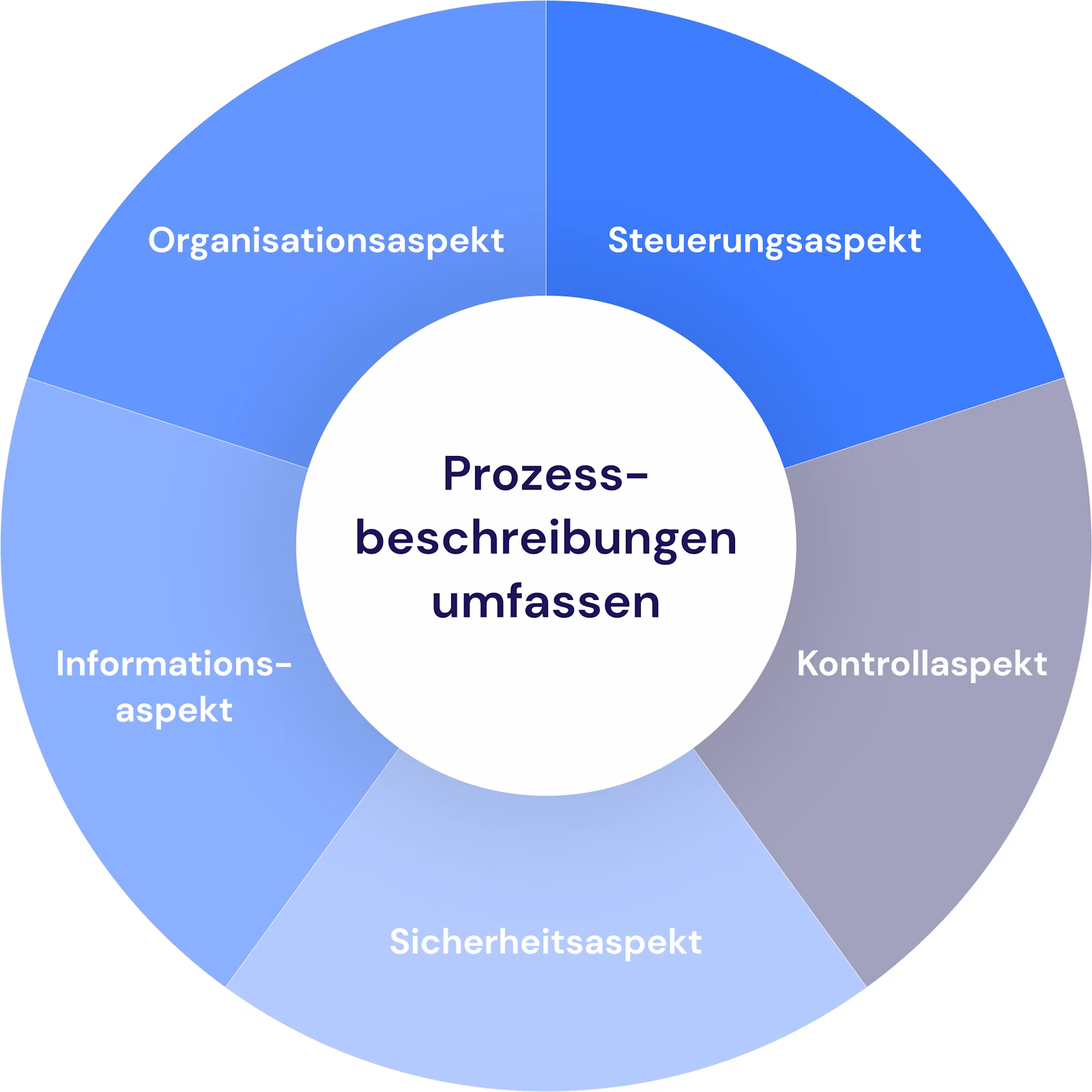 Diagramm: Prozessbeschreibungen umfassen Organisationsaspekt, Steuerungsaspekt, Kontrollaspekt, Sicherheitsaspekt und Informationsaspekt