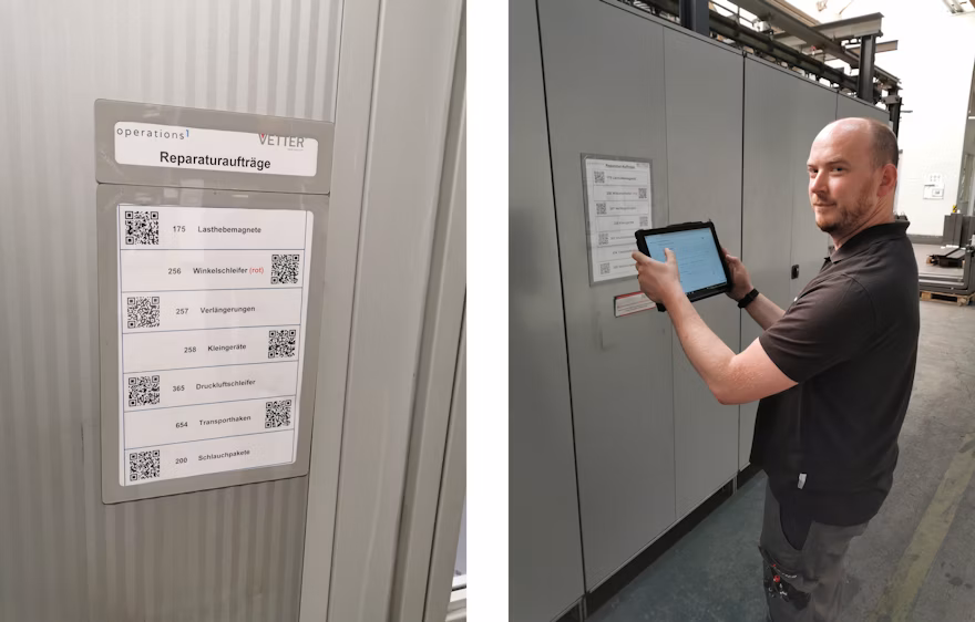 Left image shows a "Reparaturaufträge" (repair orders) sign with QR codes on a factory wall, right image shows a man with a tablet in front of an electrical cabinet. Combination of a label with several QR codes and item names such as "Lasthebemagnete" or "Winkelschleifer" alongside a photo of a worker using a mobile device to process a task at a machine. Depiction of a digital repair order system: on the left a QR code list for equipment identification, on the right a worker completing a digital checklist or maintenance order via tablet.