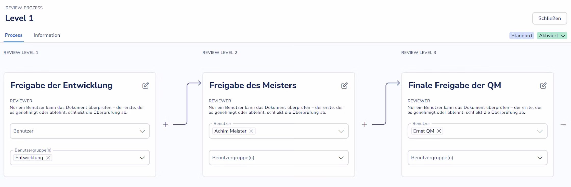 Dateiname:image--2-.png Dialogfenster „Versionsverlauf" zur Arbeitsanweisung Elektrikprüfung Schaltkasten M132, Version 3.0, aktiv. Versionsverlauf zeigt Änderungsdatum, geänderte und veröffentlichende Person sowie den Änderungshinweis „Stromstärke der Interaktion Schweißvorgang auf 35 Ampere geändert". Freigabeprozess-Übersicht einer Arbeitsanweisung mit Metadaten zu Änderung, Veröffentlichung und Duplizieren-Option.