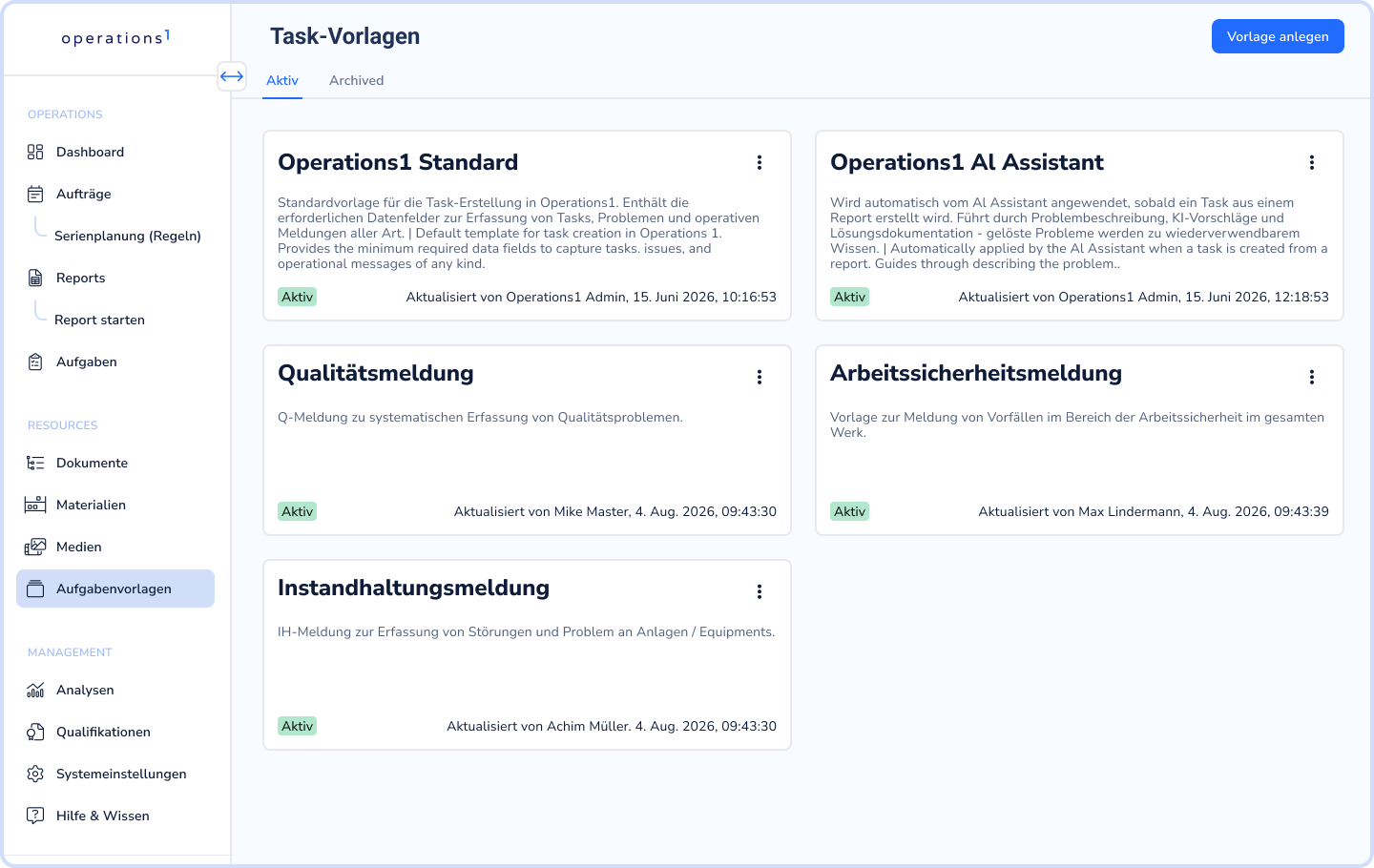 Übersicht "Task-Vorlagen" in Operations1 mit fünf aktiven Vorlagenkarten wie "Operations1 Standard" und "Qualitätsmeldung".