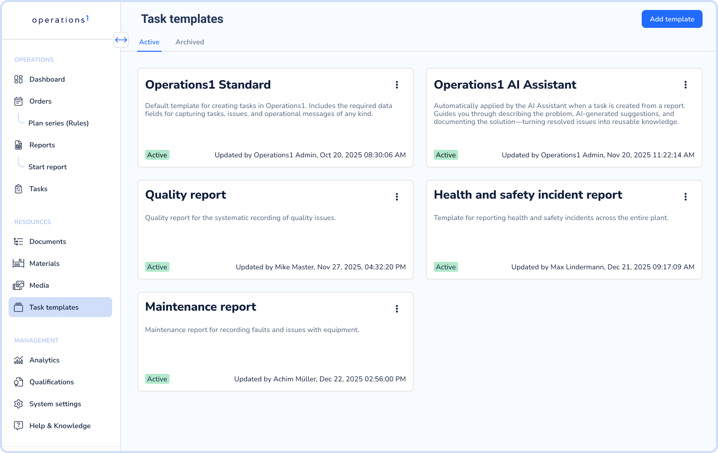 Overview of the "Task templates" page in Operations1 showing five active template cards including "Operations1 Standard" and "Quality report".