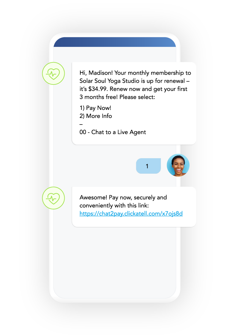Renew memberships with secure payments in chat