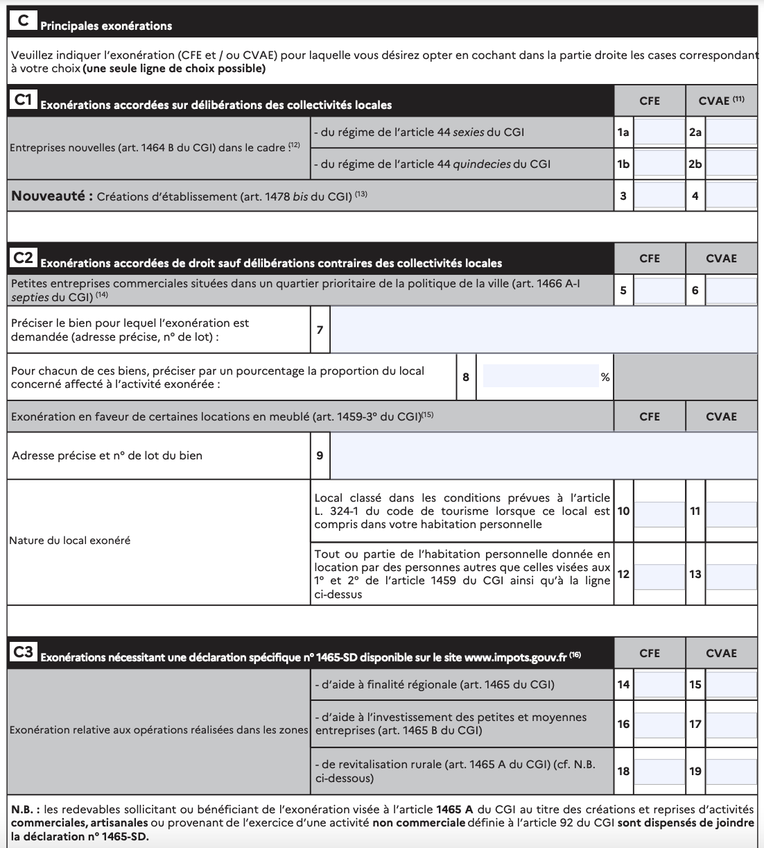 Déclaration CFE : Cadre C - Principales exonérations