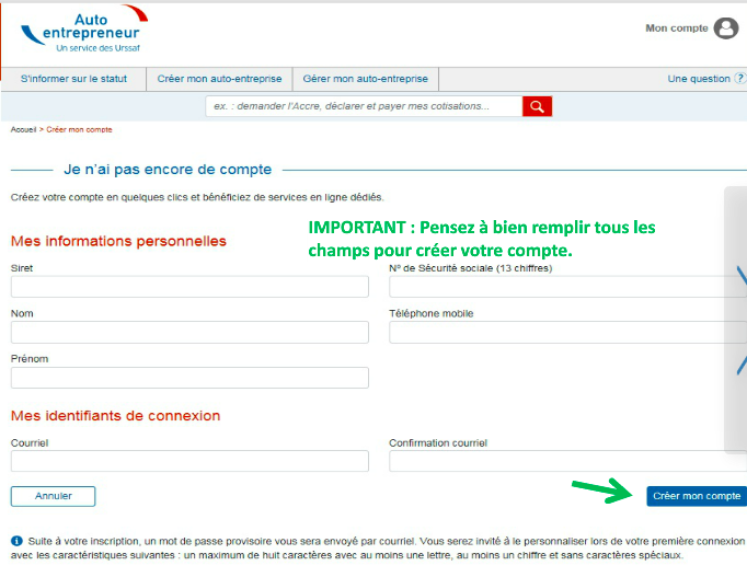 Création compte URSAFF Auto-entrepreneur