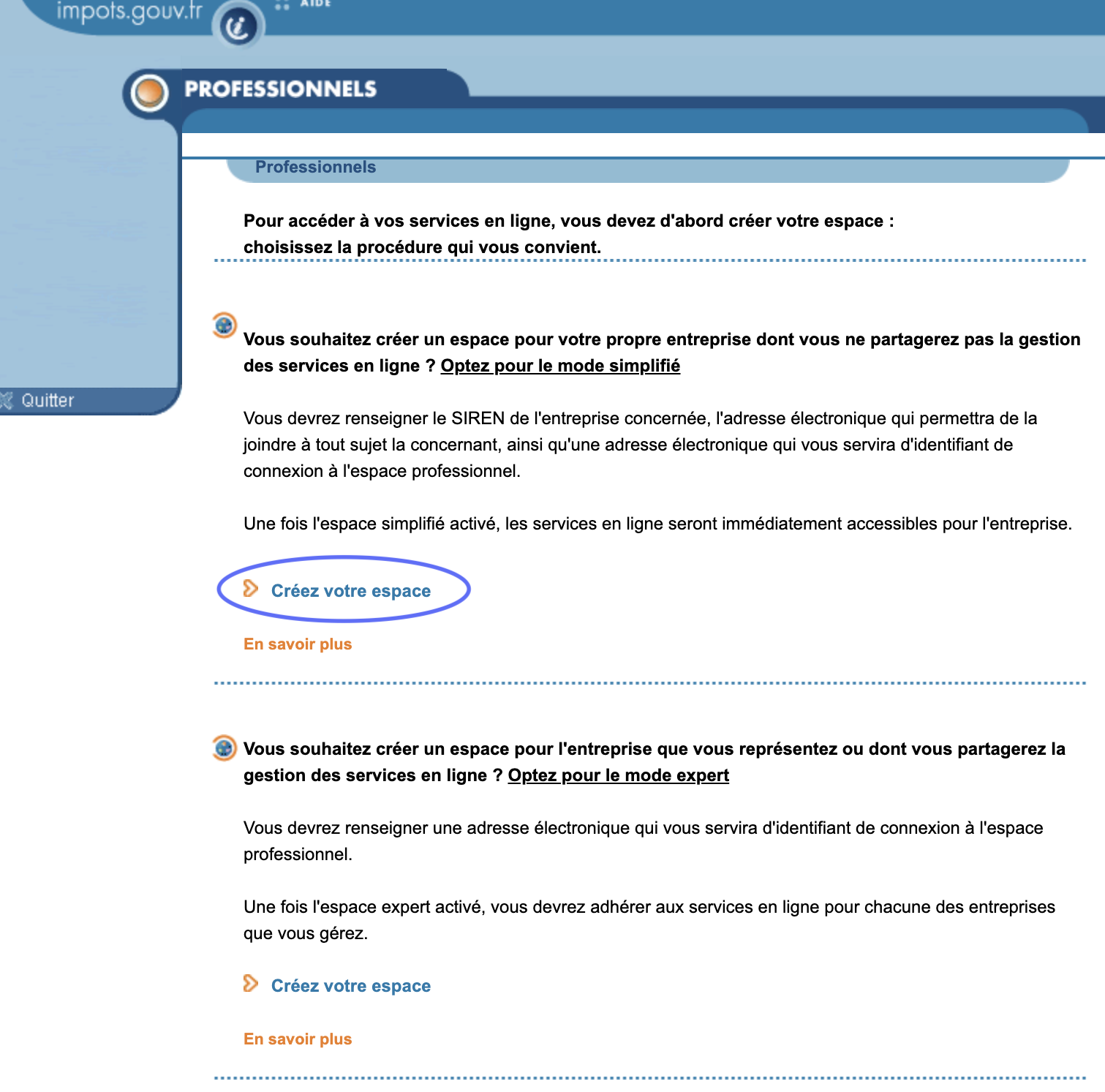Créer mon espace pro sur impots.gouv