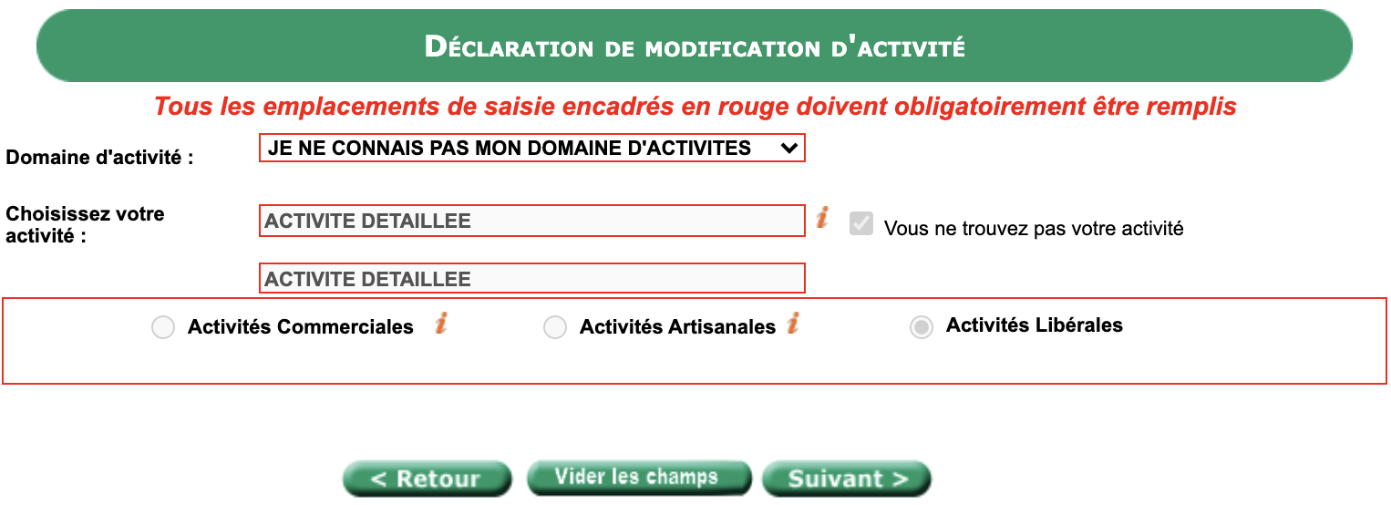 Déclaration de modification d'activité