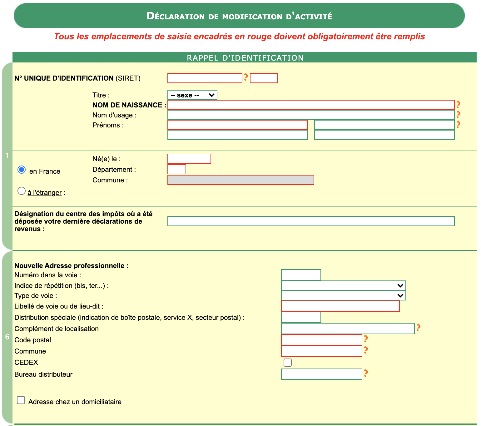 Page de déclaration de modification de votre activité
