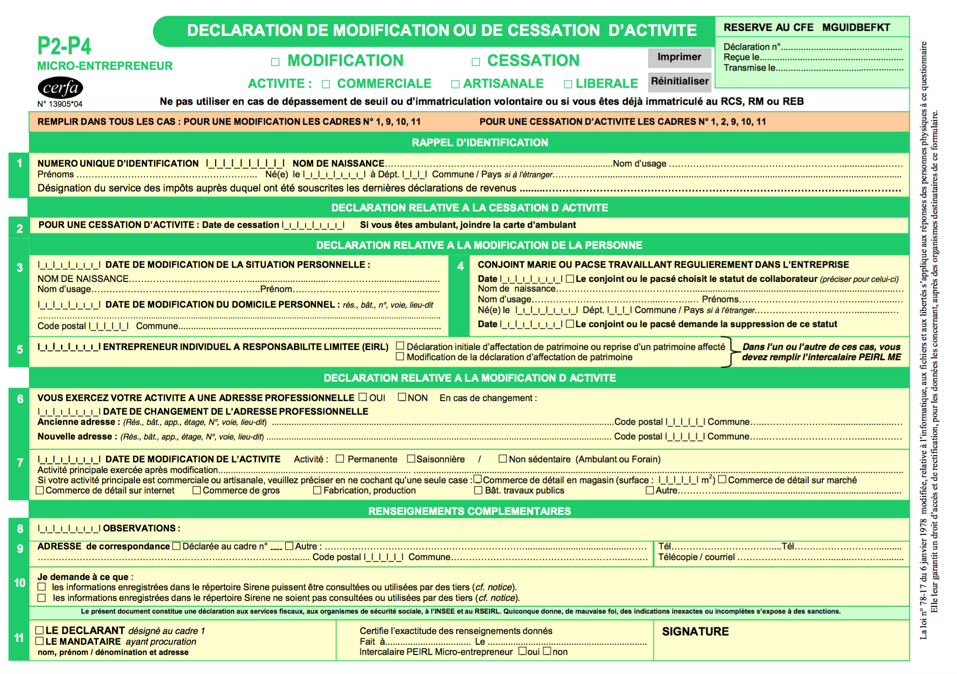 déclaration de modification ou cessation d'activité 