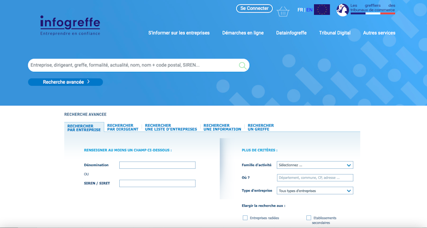 trouver son SIRET sur Infogreffe