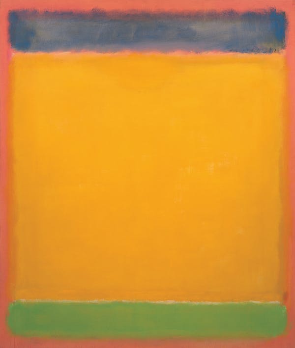 The photo frames the abstract painting "Untitled (Blue, Yellow, Green on Red)" by Mark Rothko. An orange shaded canvas with a blue stripe at the top and a green stripe at the bottom.