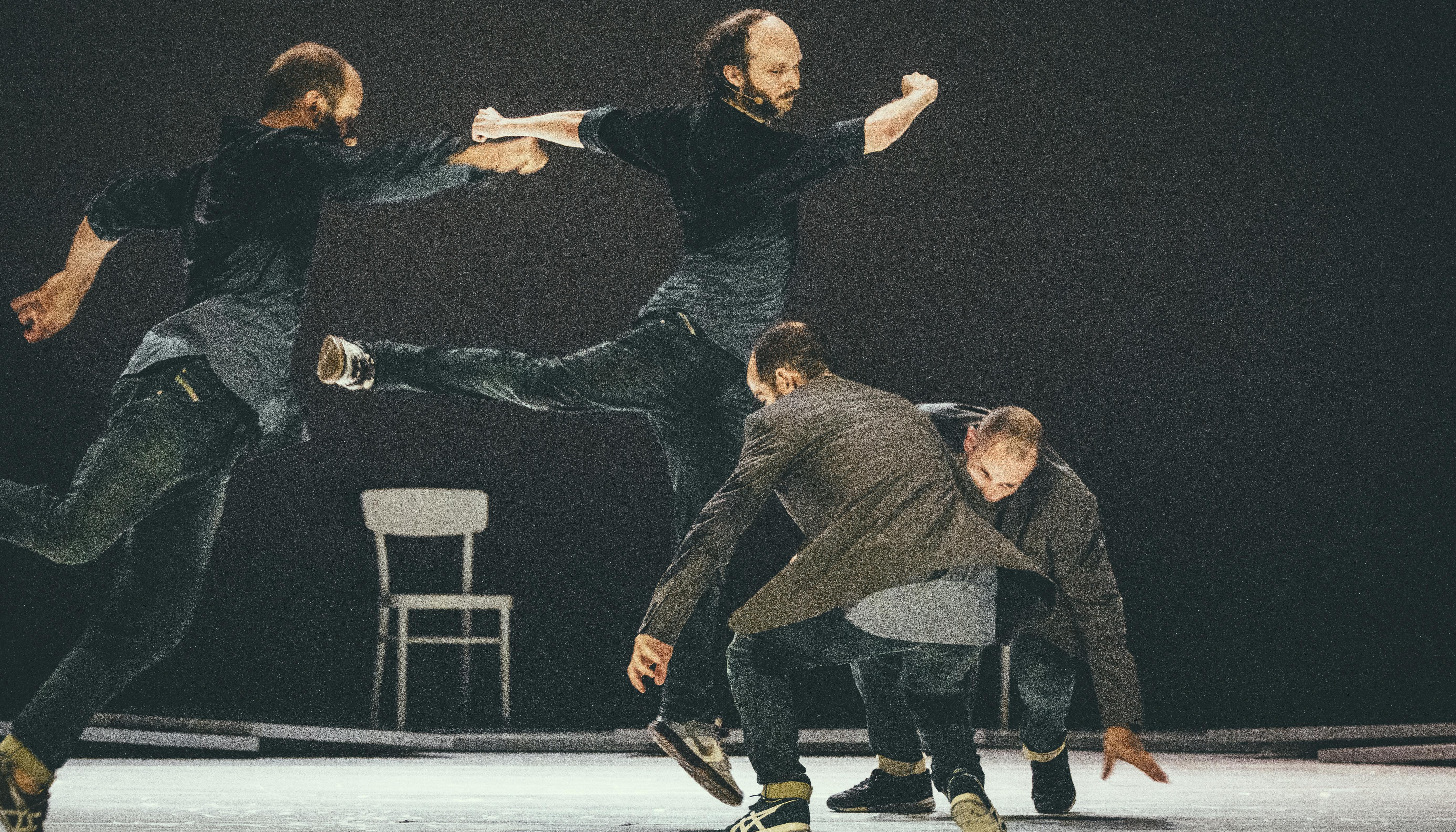 On the left, two dancers are taking a leap, while on the right two are crouching.