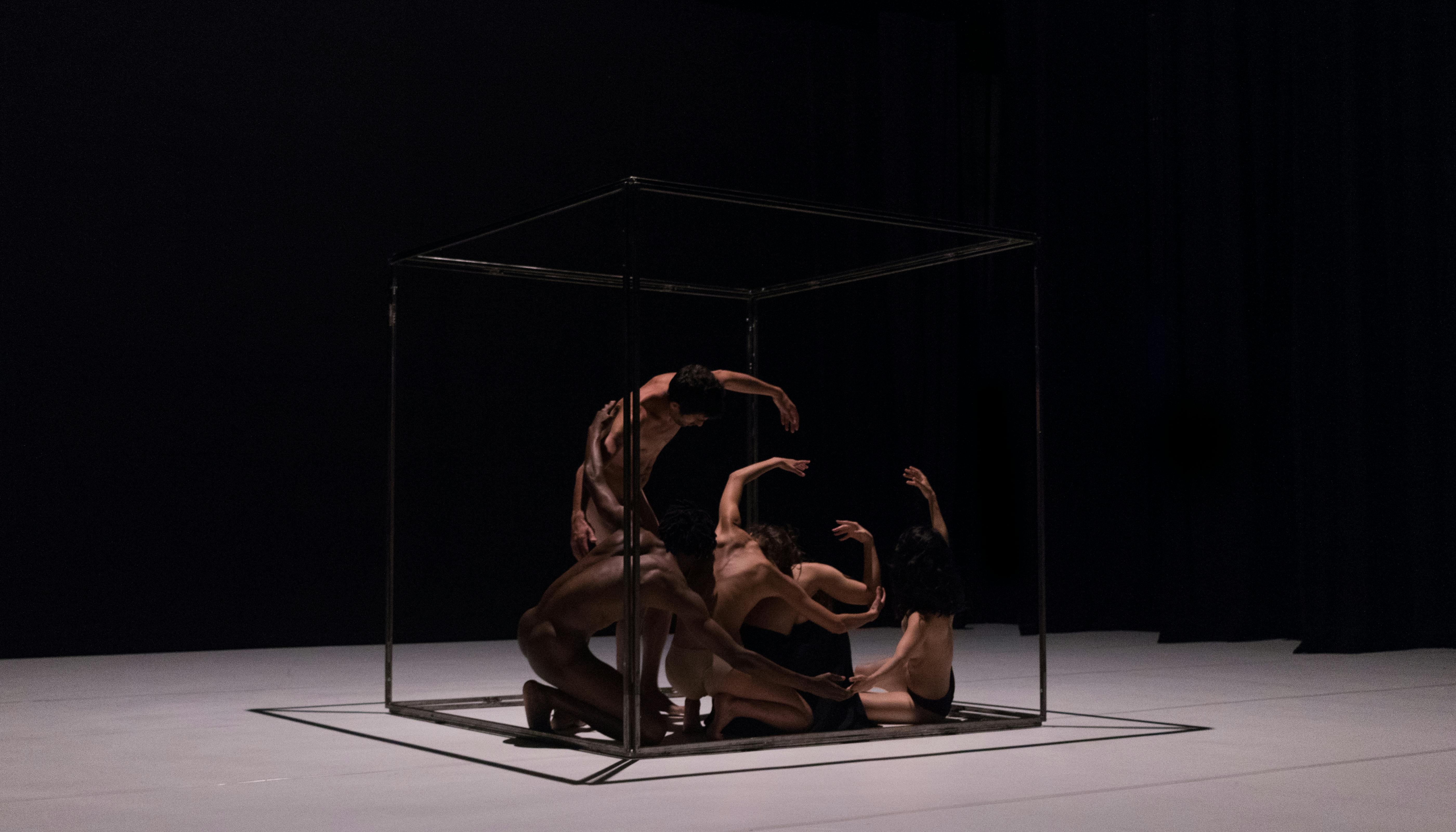 At the center of the stage there is a cubic metal structure. Inside it a few dancers are moving. Their bodies are naked.