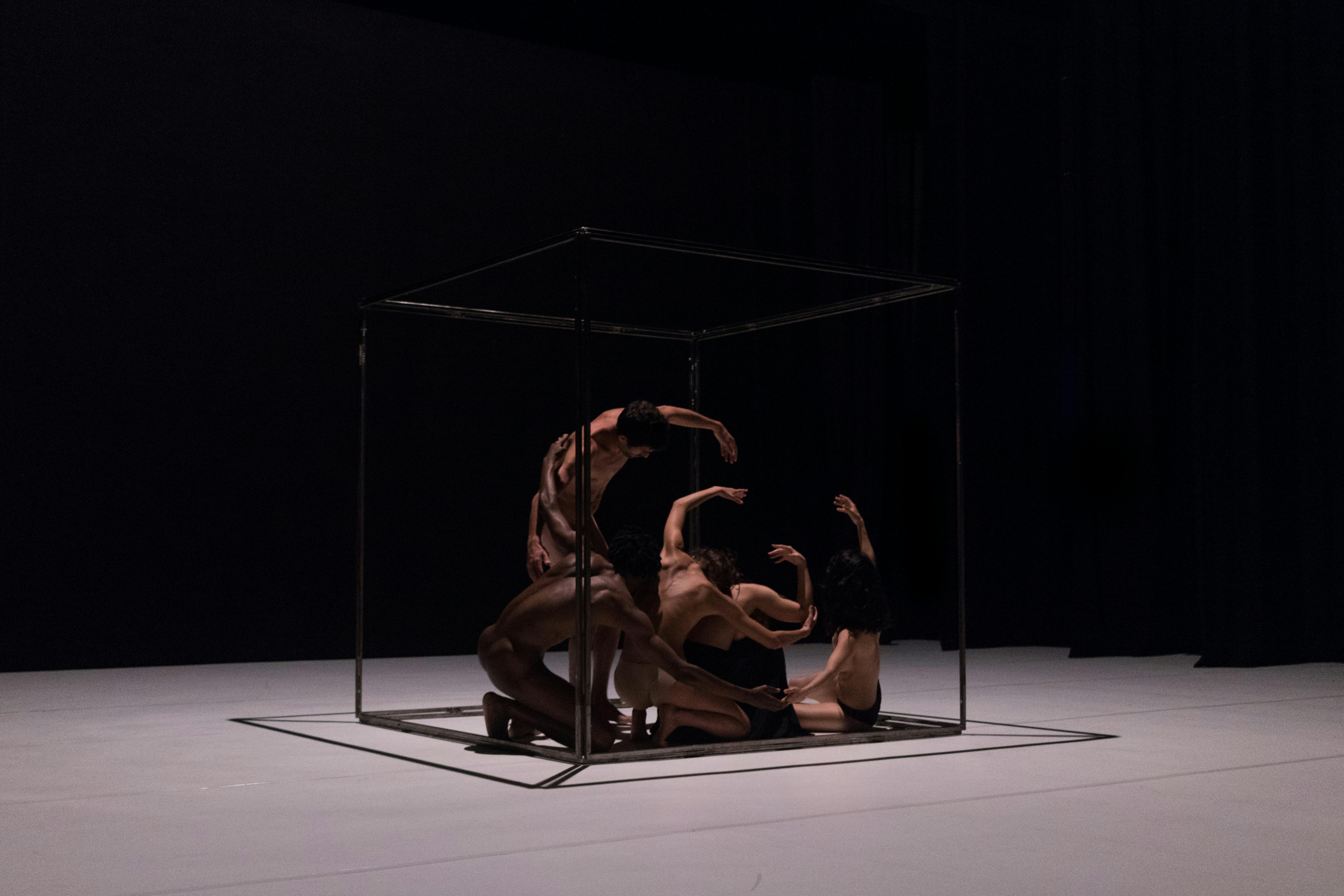 At the center of the stage there is a cubic metal structure. Inside it a few dancers are moving. Their bodies are naked.