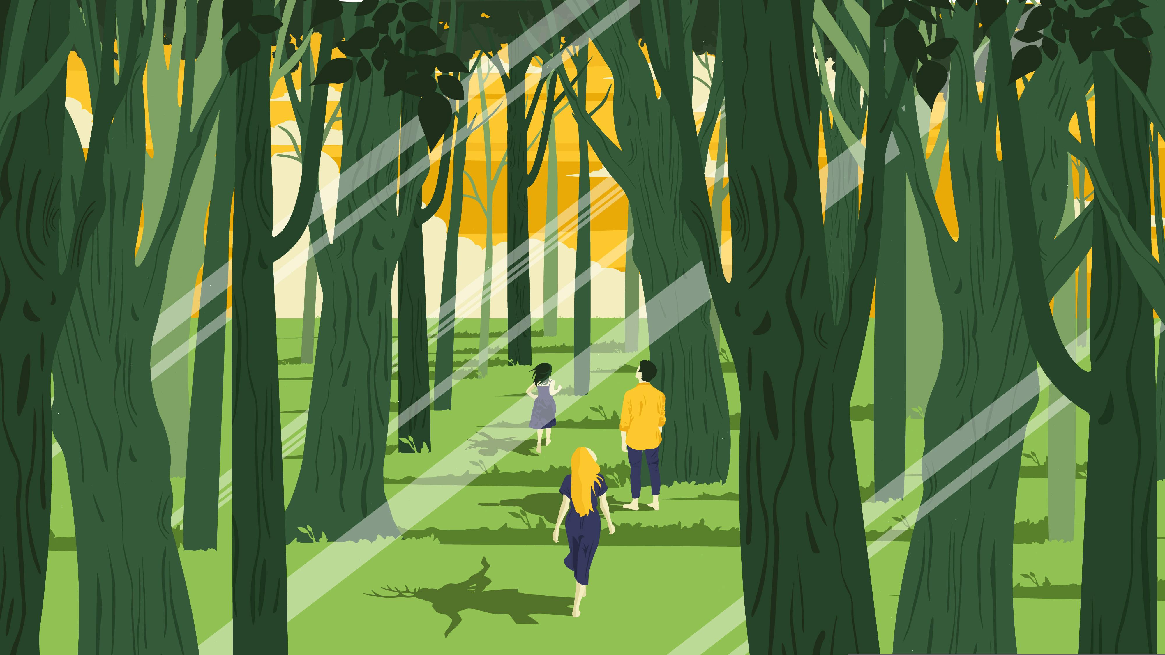 The illustration depicts a forest at sunset. Three young figures are walking through it; they are looking towards the horizon, we see their backs. The shadows they cast on the ground reveal enchanted beings, somewhere between ritual and magic.