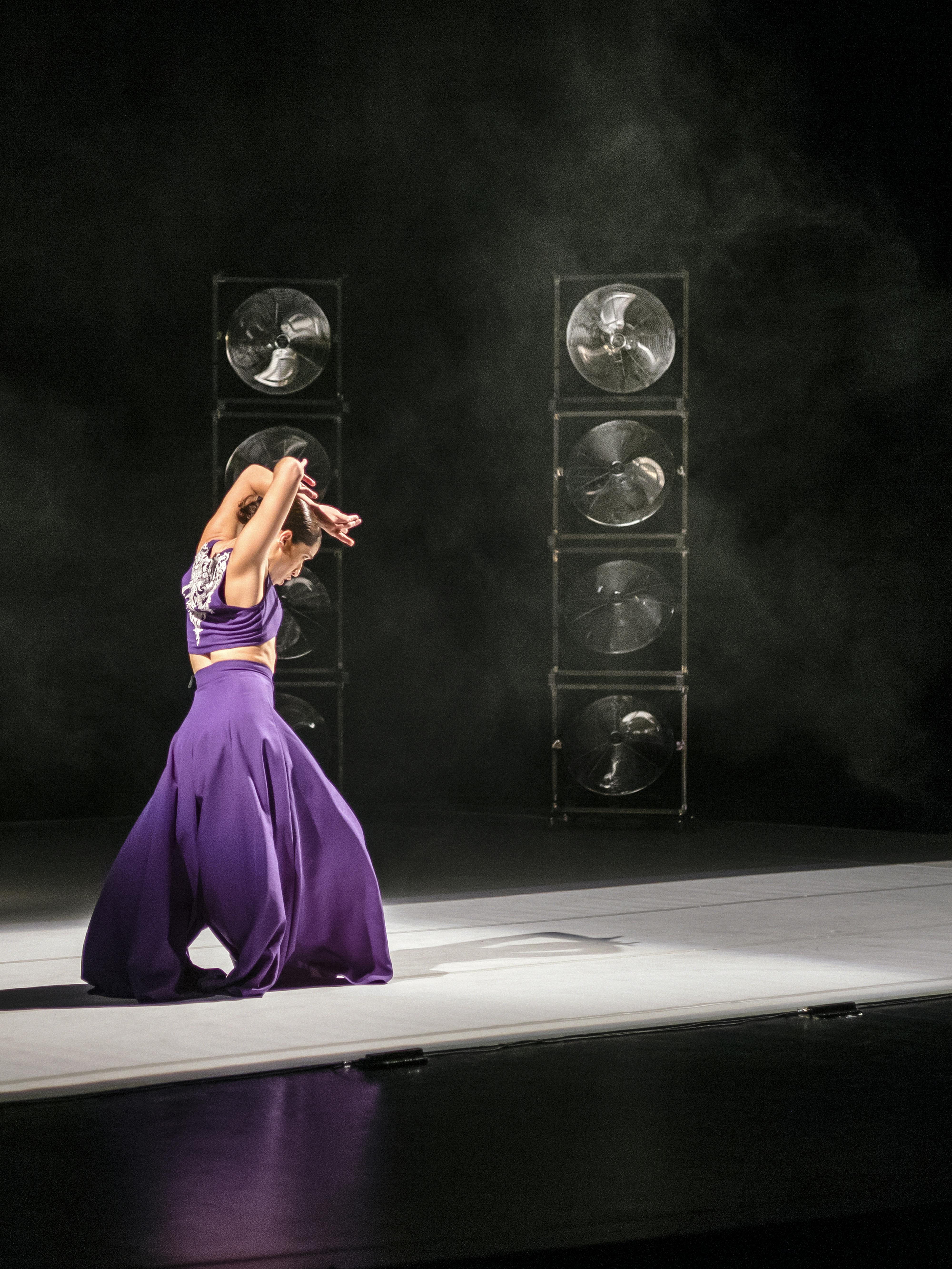 Una danzatrice di flamenco in lungo abito viola durante la performance YouMe. È illuminata da una striscia di luce; dietro di lei ci sono due colonne di ventilatori metallici sovrapposti.