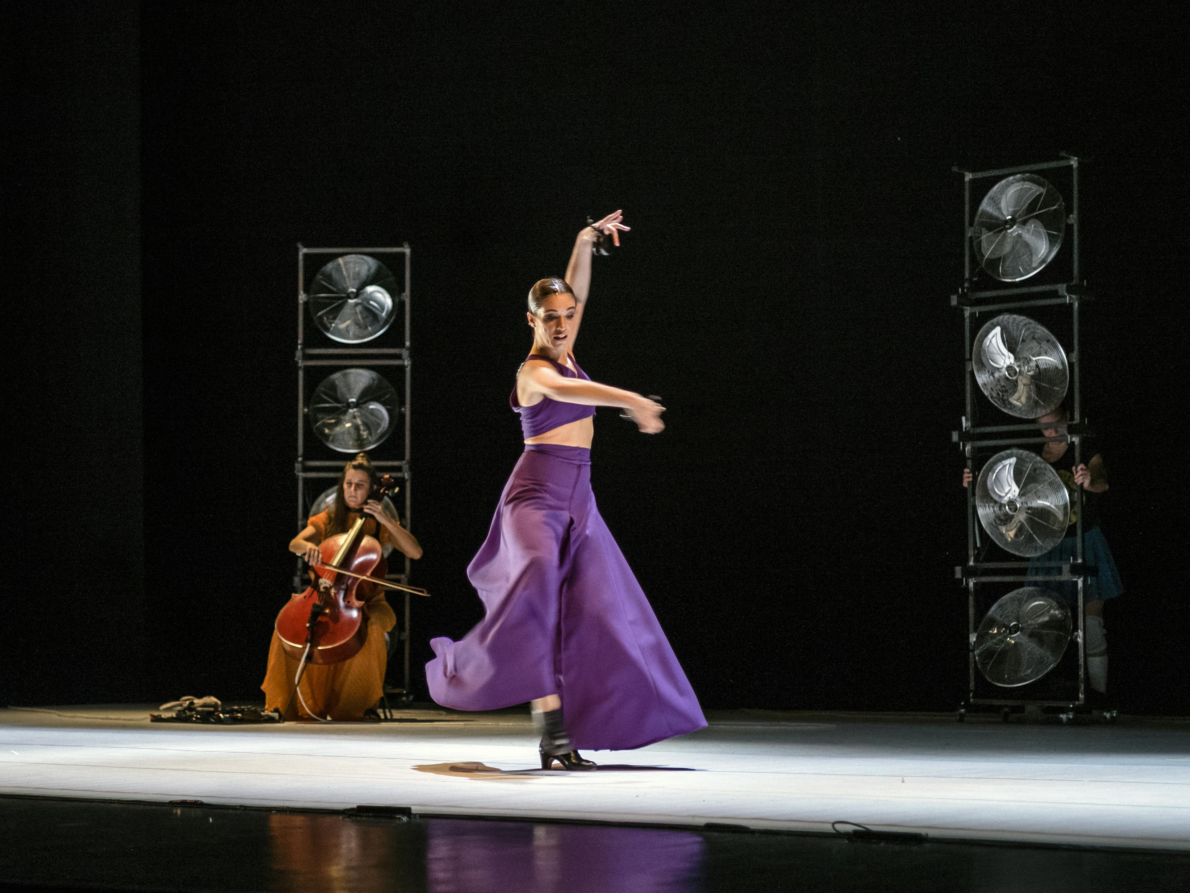 In the foreground a flamenco dancer in a long purple dress as she rotates while raising her arms. Behind is a cellist in an orange dress playing her instrument.