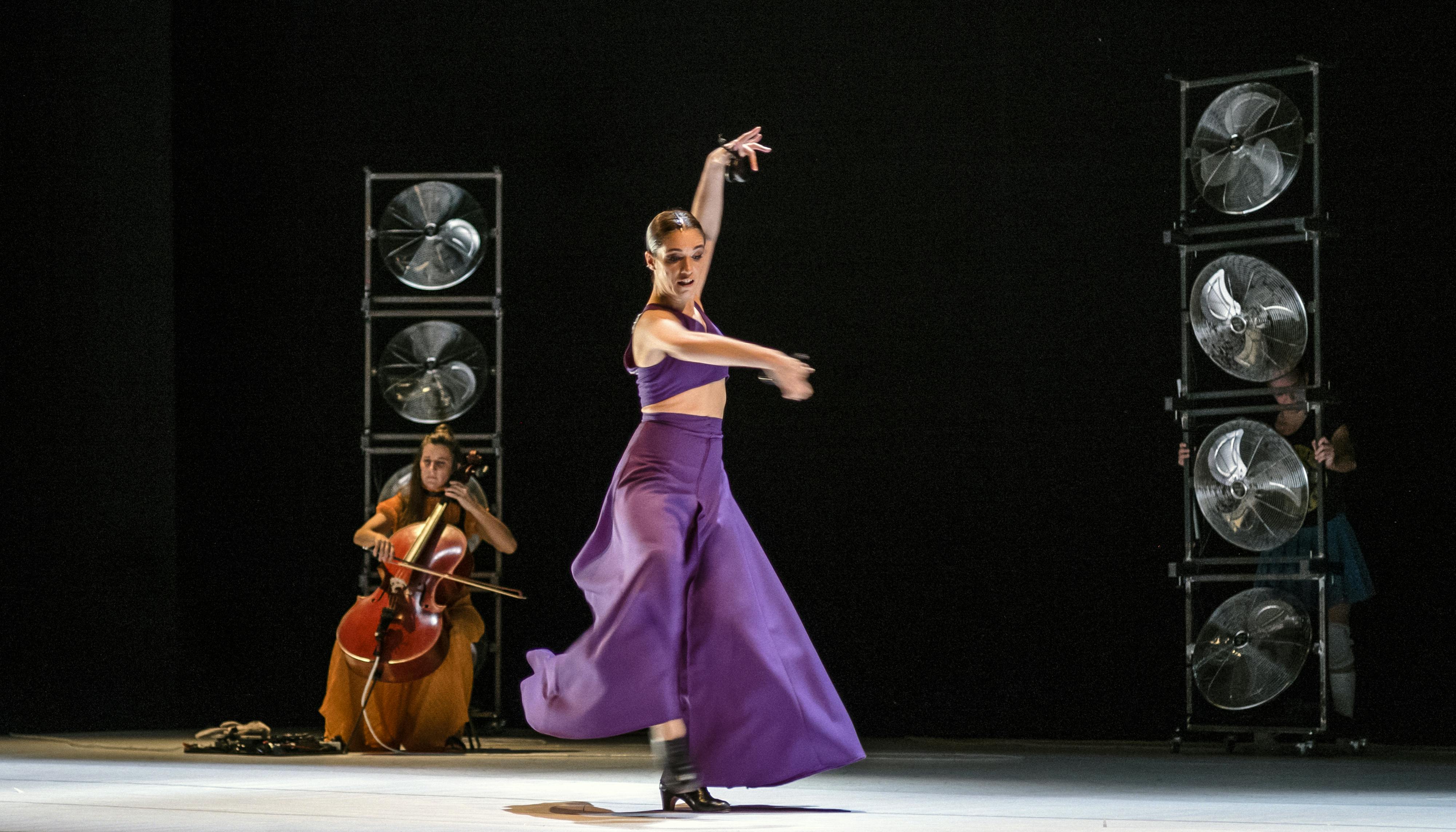 In the foreground a flamenco dancer in a long purple dress as she rotates while raising her arms. Behind is a cellist in an orange dress playing her instrument.