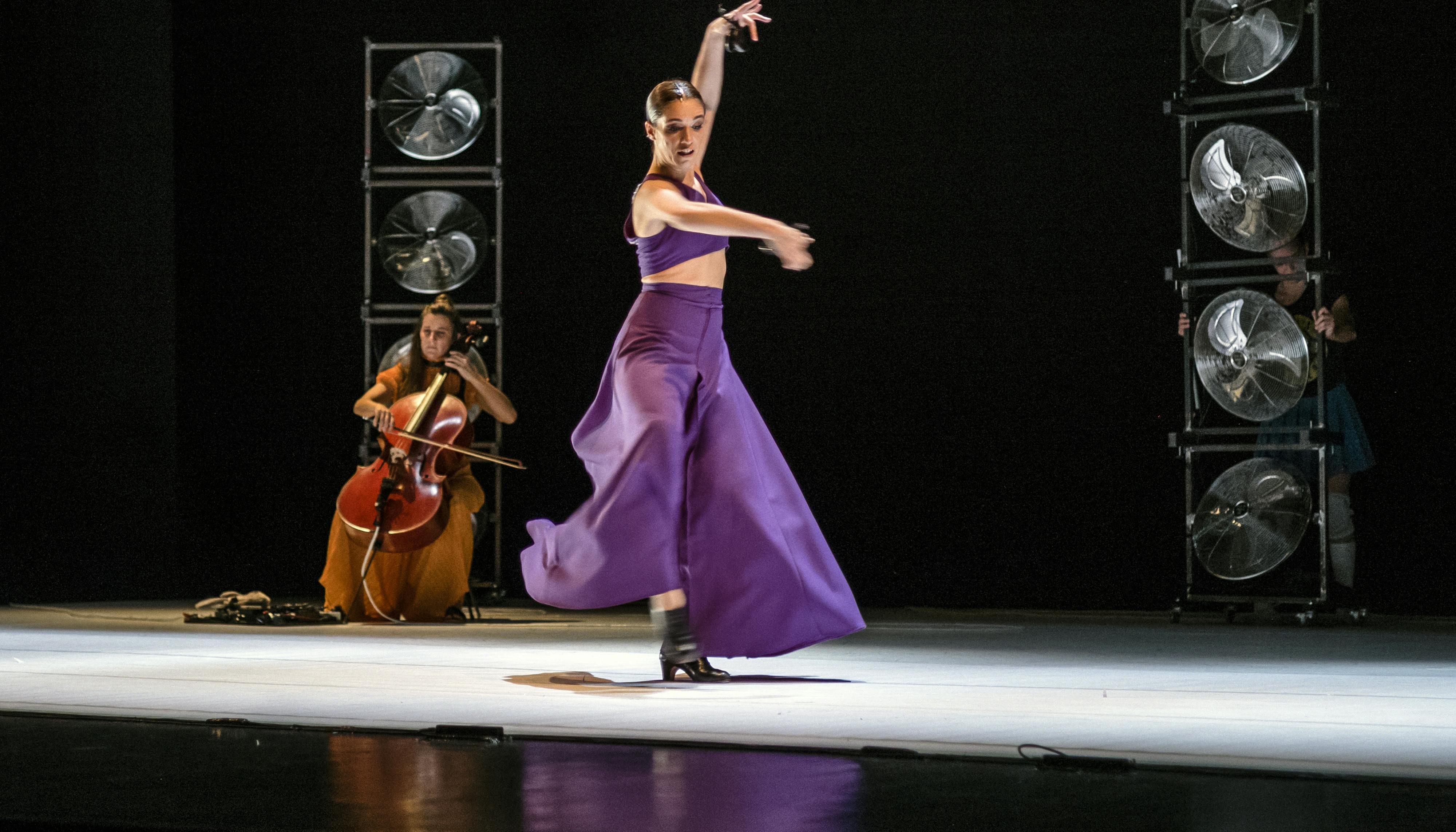 In primo piano una danzatrice di flamenco in lungo abito viola, mentre ruota sollevando le braccia. Dietro una violoncellista in abito arancione suona il suo strumento.