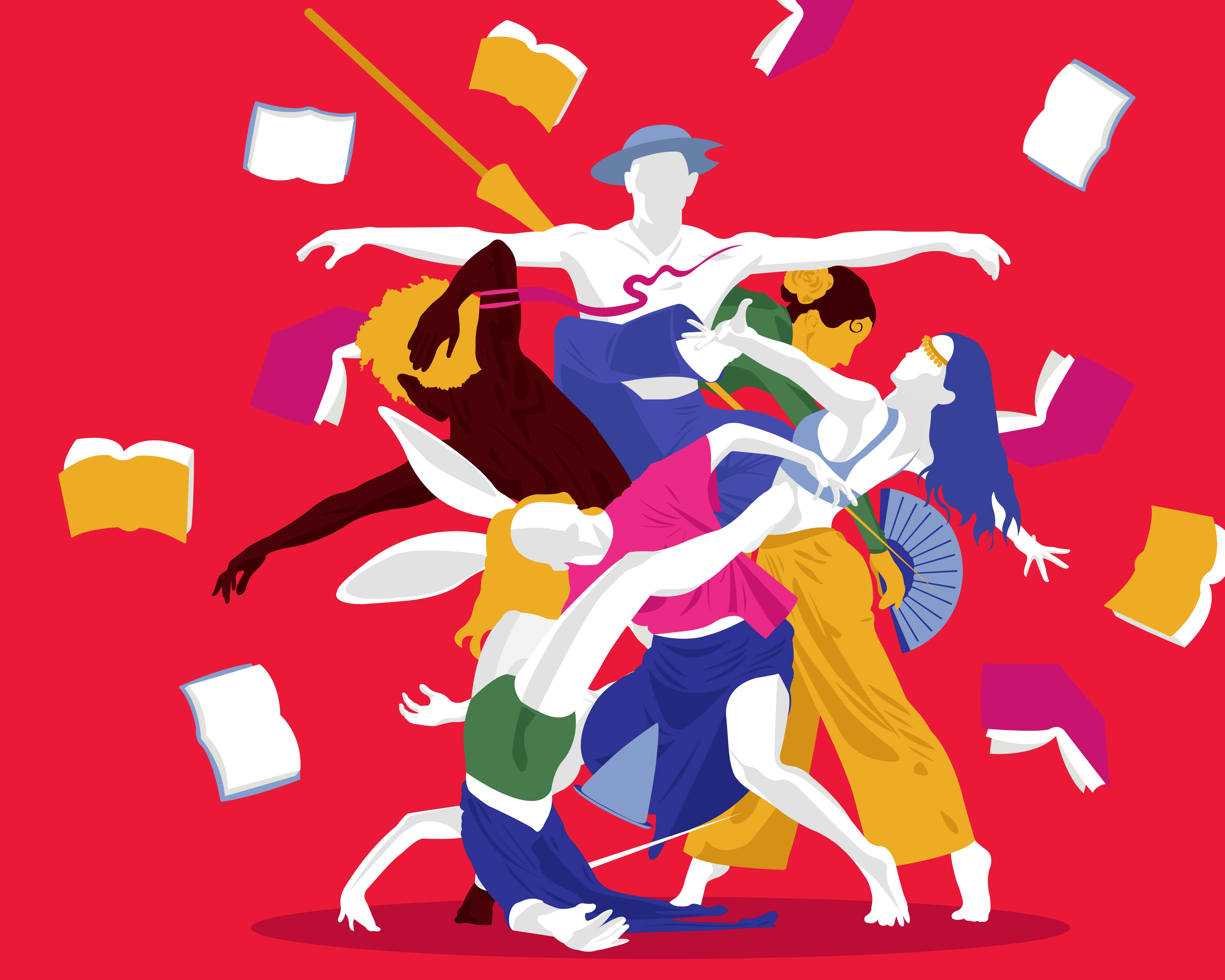 Illustration depicting a series of characters from literature as they perform dance moves. They are surrounded by open books suspended in the air.