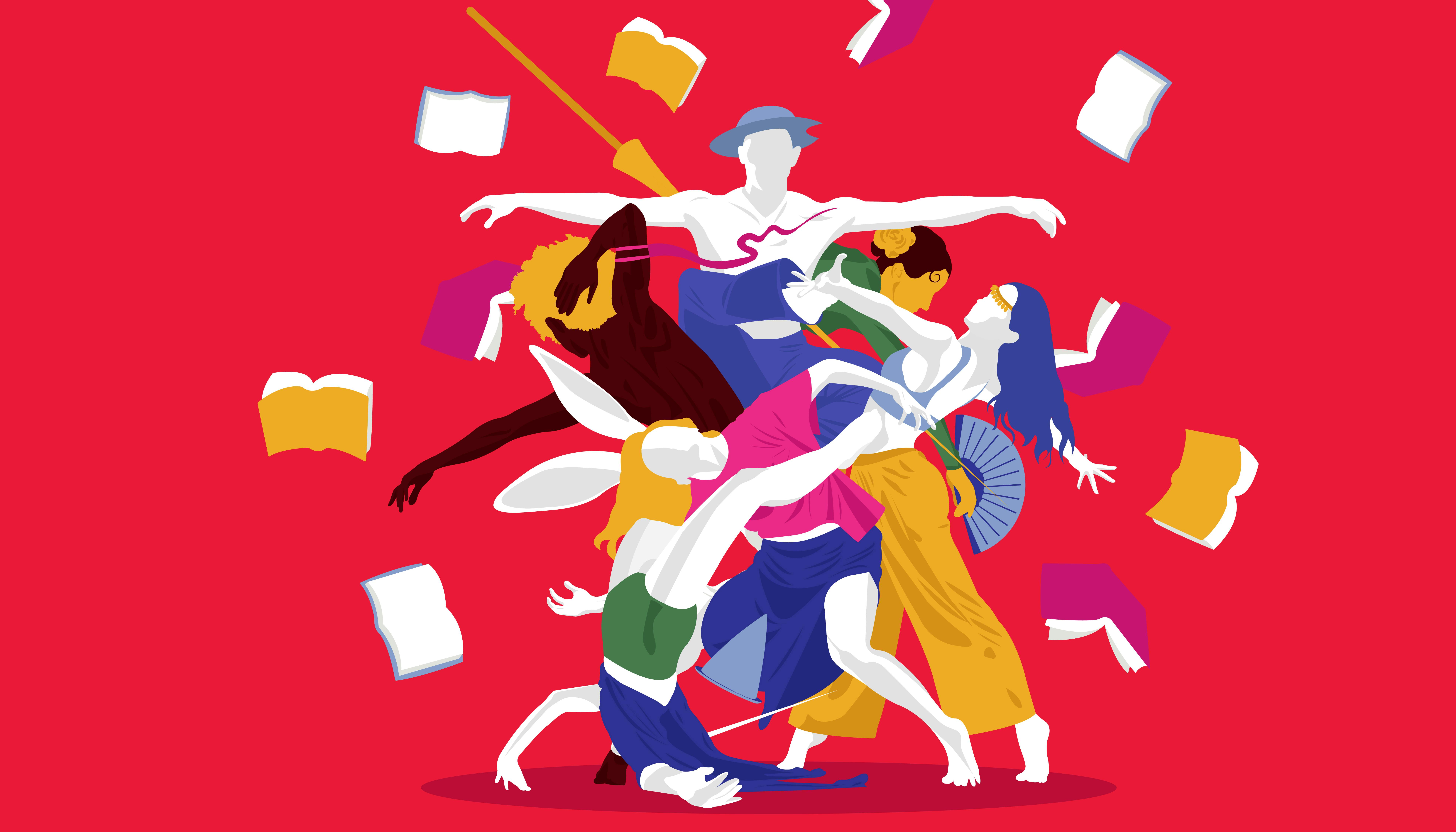 Illustration depicting a series of characters from literature as they perform dance moves. They are surrounded by open books suspended in the air.