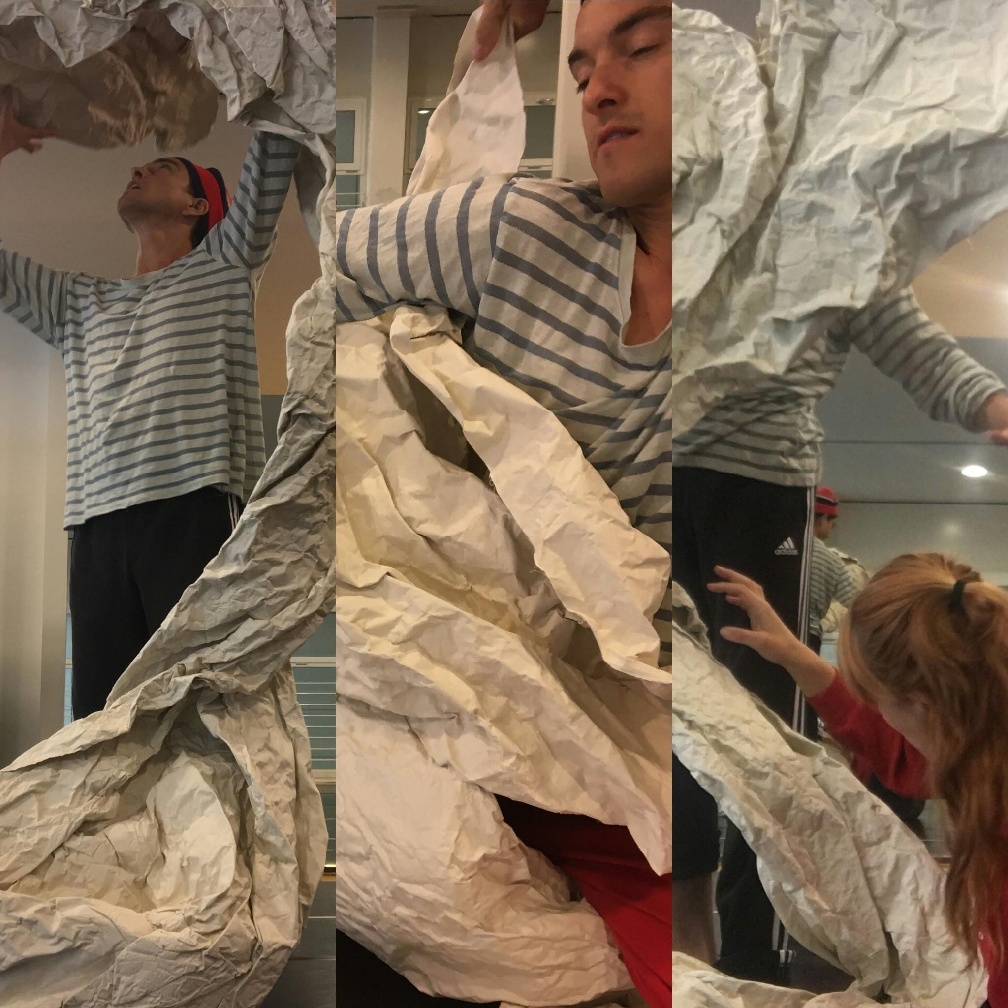 Vertical collage of three photographs depicting Sindri Runudde in various positions surrounded by large sheets of crumpled white paper.
