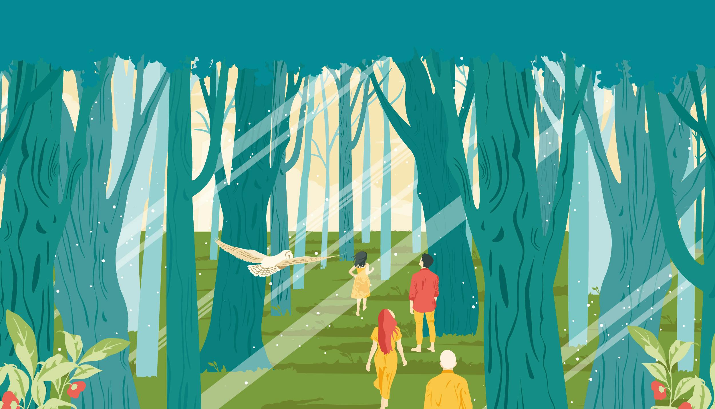 Poster grafico che rappresenta il bosco con persone che camminano, i colori dominanti sono verde e blu