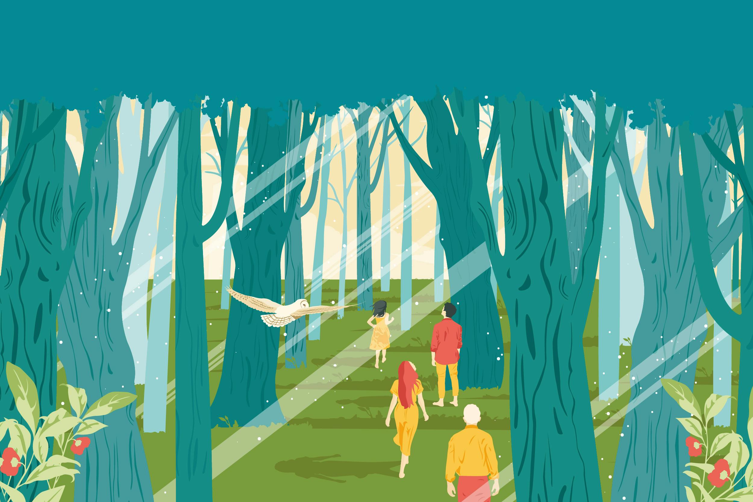 Graphic poster depicting forest with people walking, dominant colors are green and blue