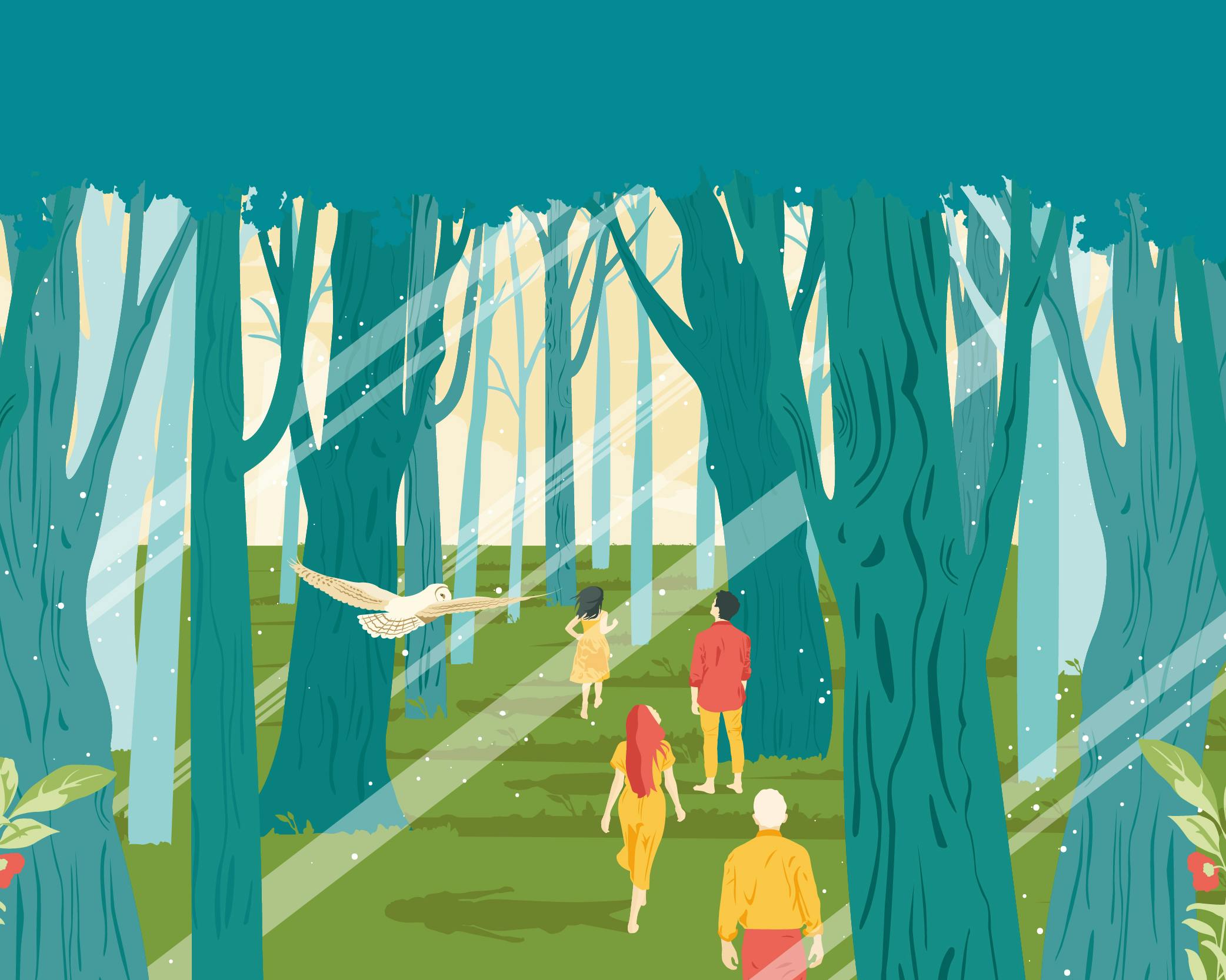 Poster grafico che rappresenta il bosco con persone che camminano, i colori dominanti sono verde e blu