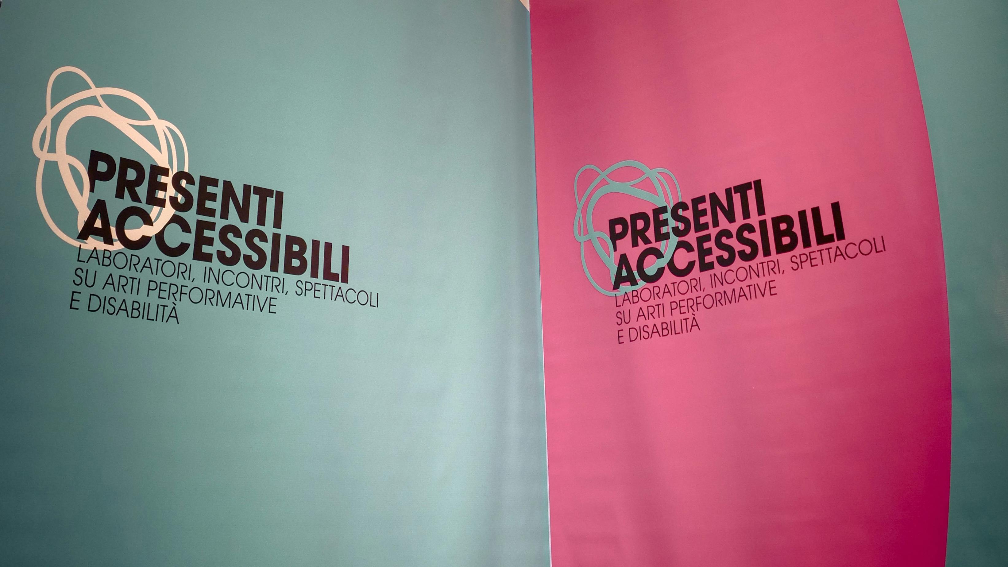 Banner di Presenti Accessibili azzurro e fucsia