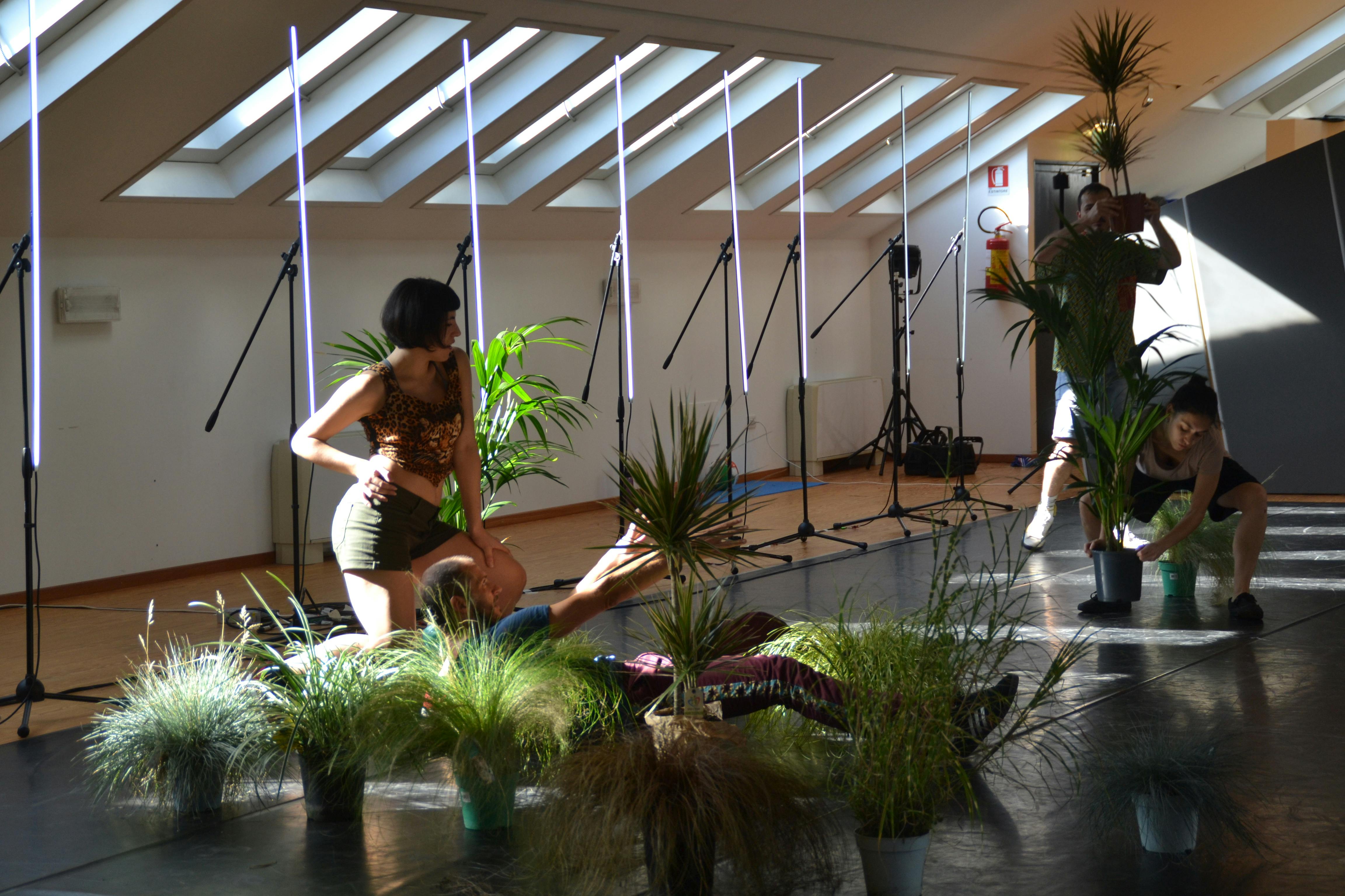 Tre interpreti di Salvo lombardo danzano con vasi di piante
