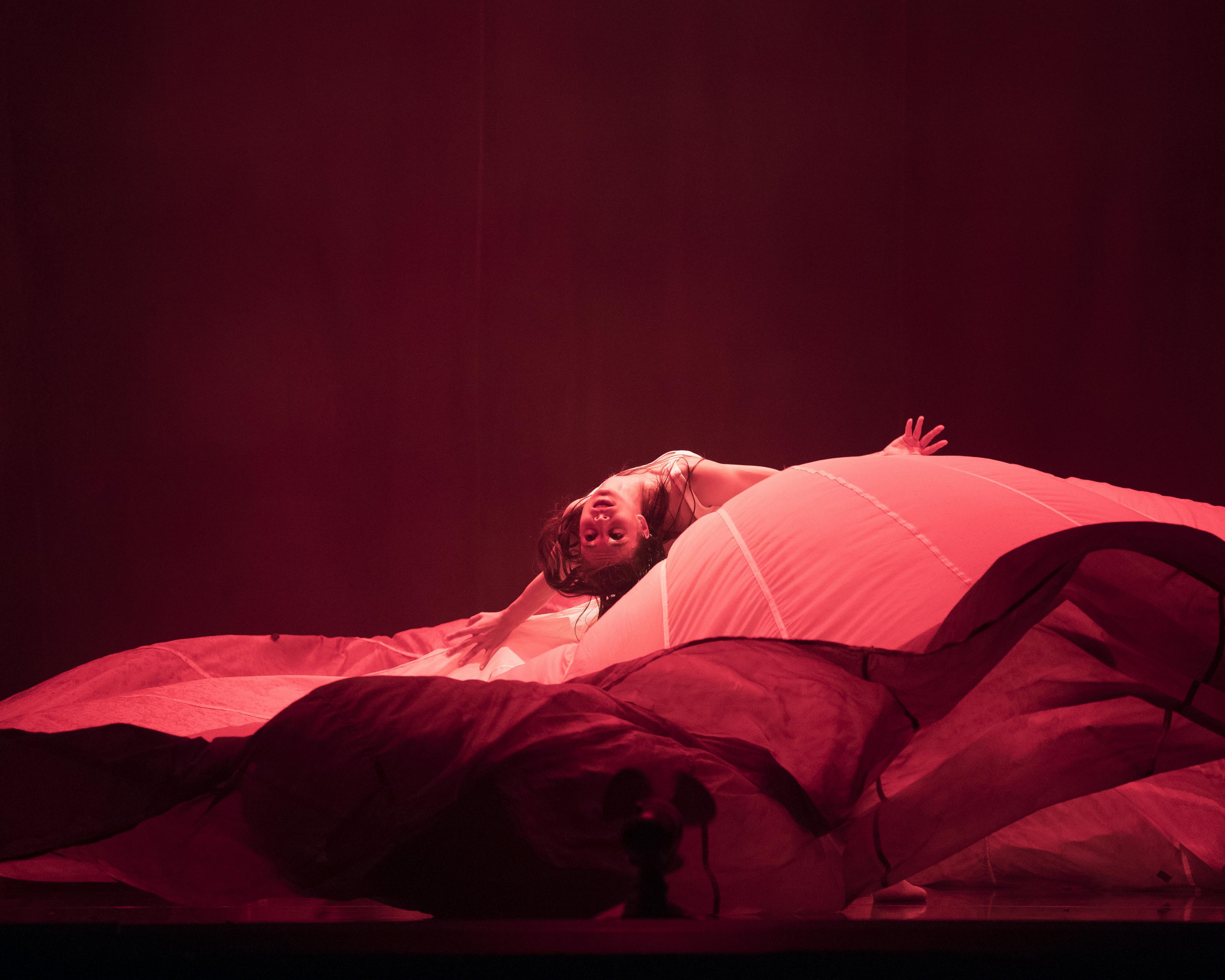 Una danzatrice si esibisce in uno sul palco avvolta in telo rosso scuro