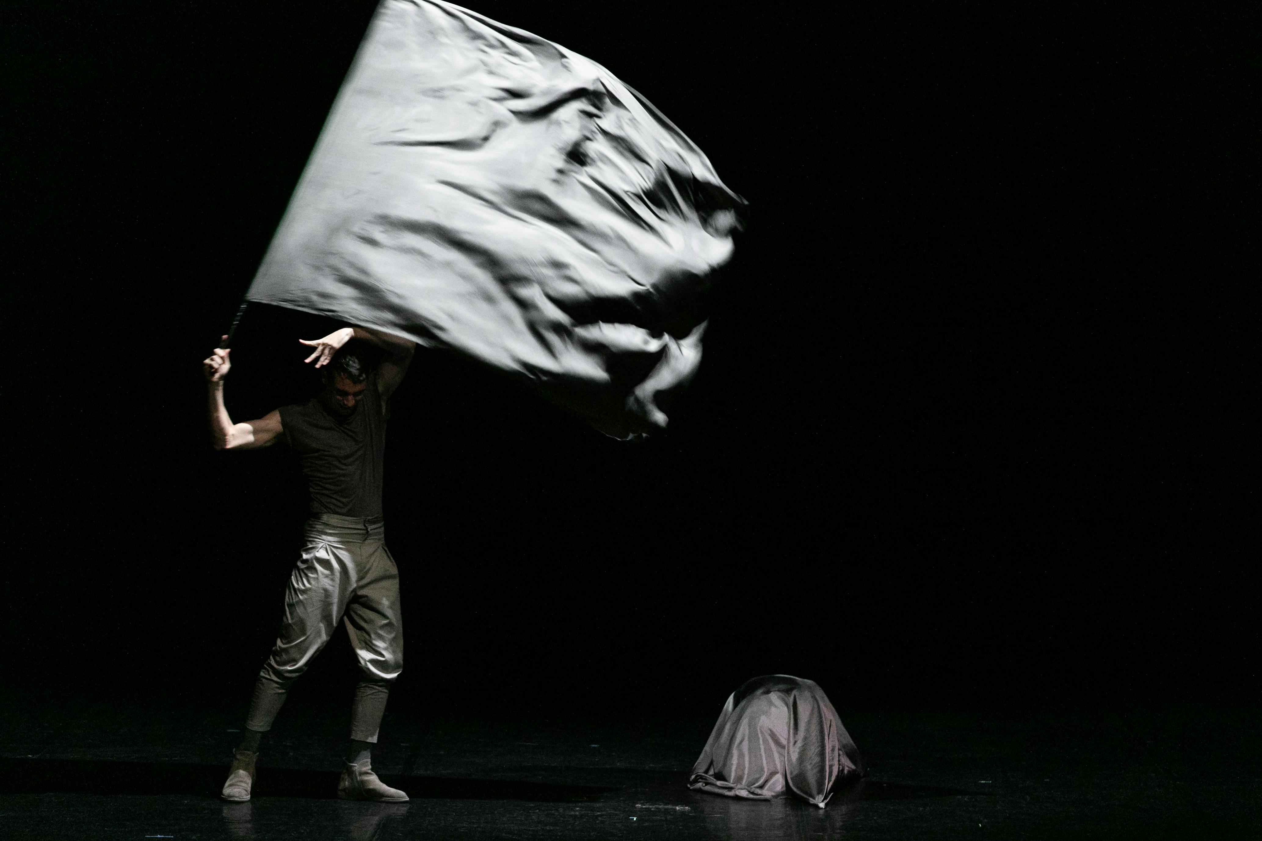 The artist performs on stage wearing dark clothes and waving a grey flag