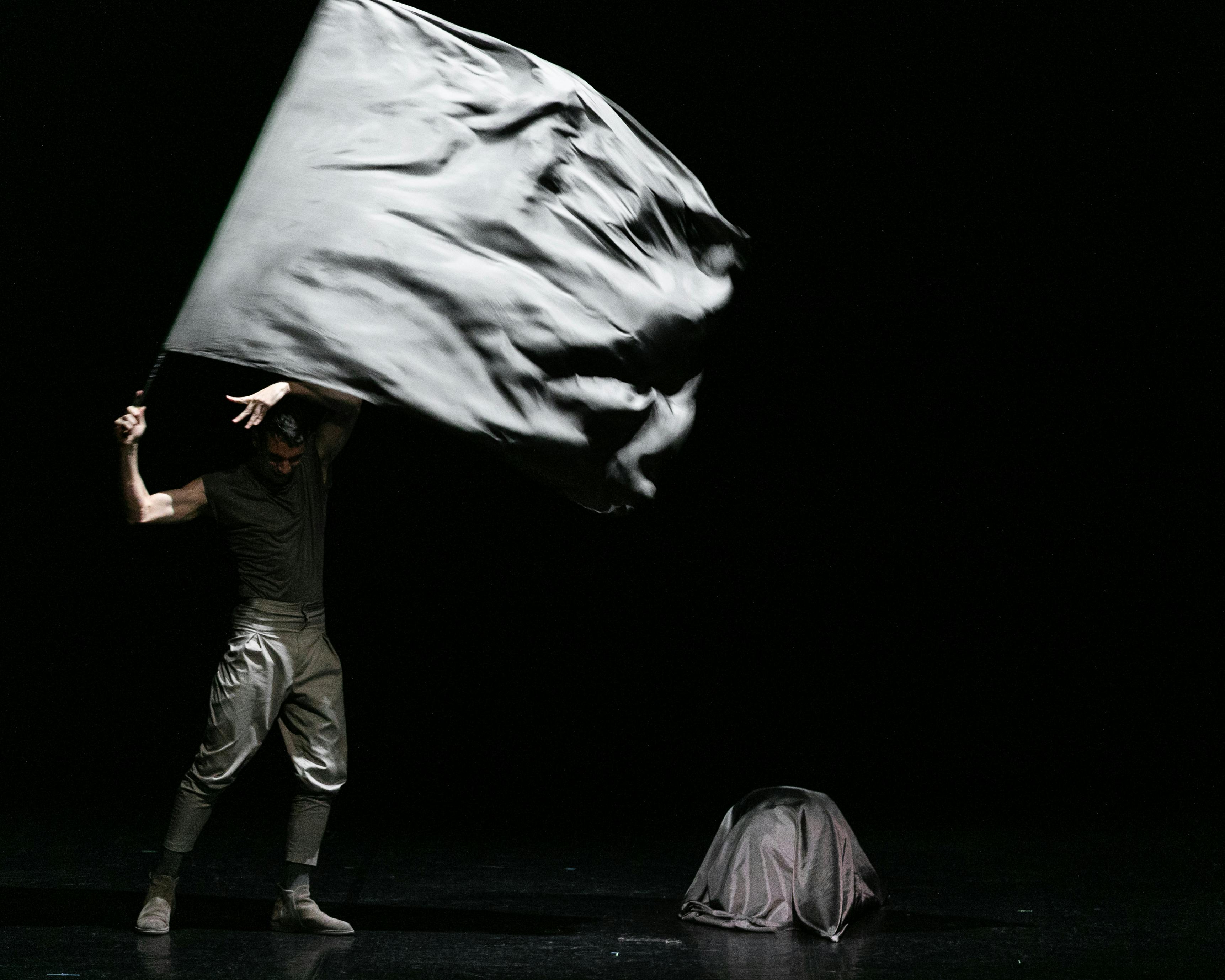 The artist performs on stage wearing dark clothes and waving a grey flag