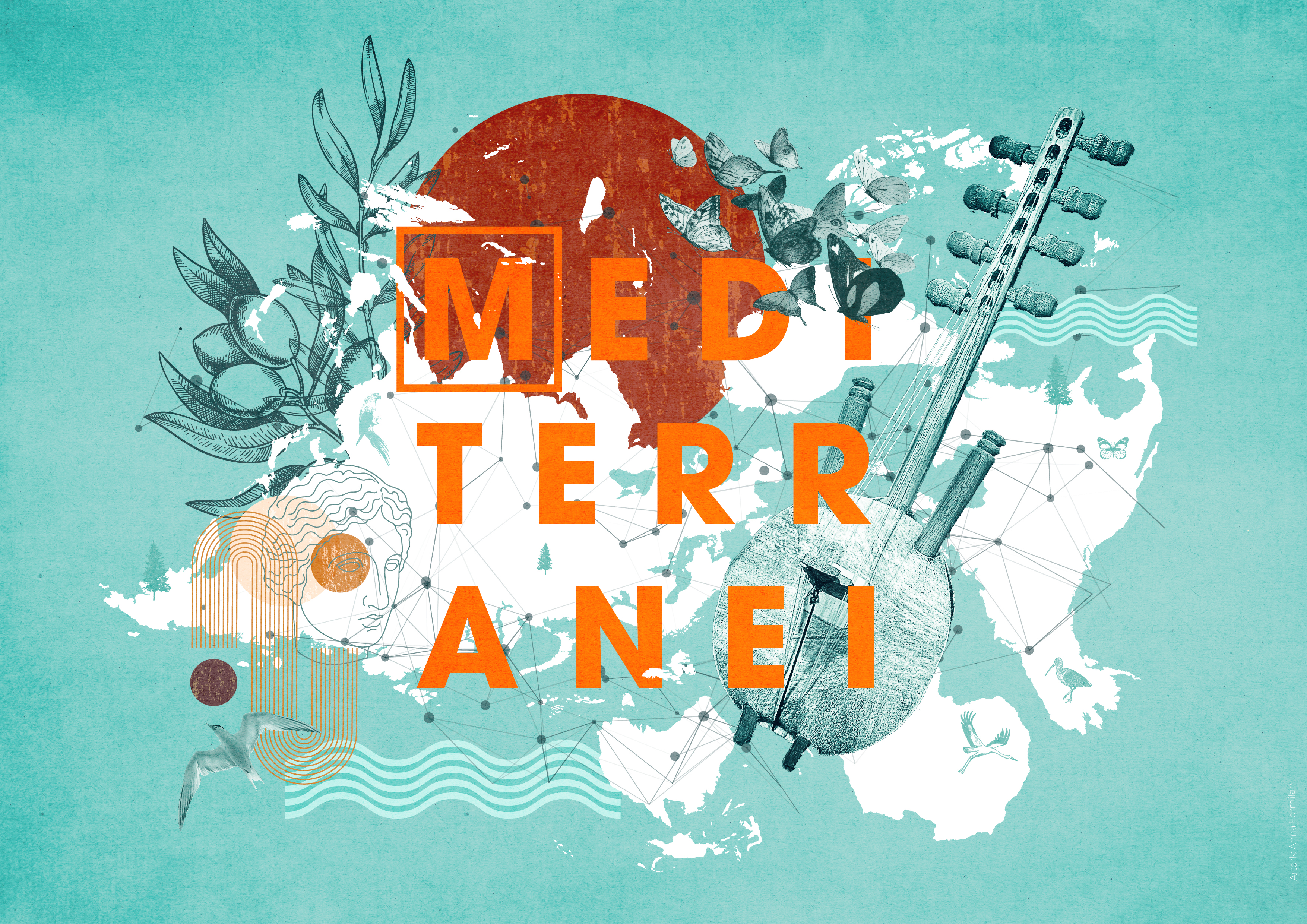 Lavoro grafico e collage di una mappa del Mediterraneo di Anna Formilan