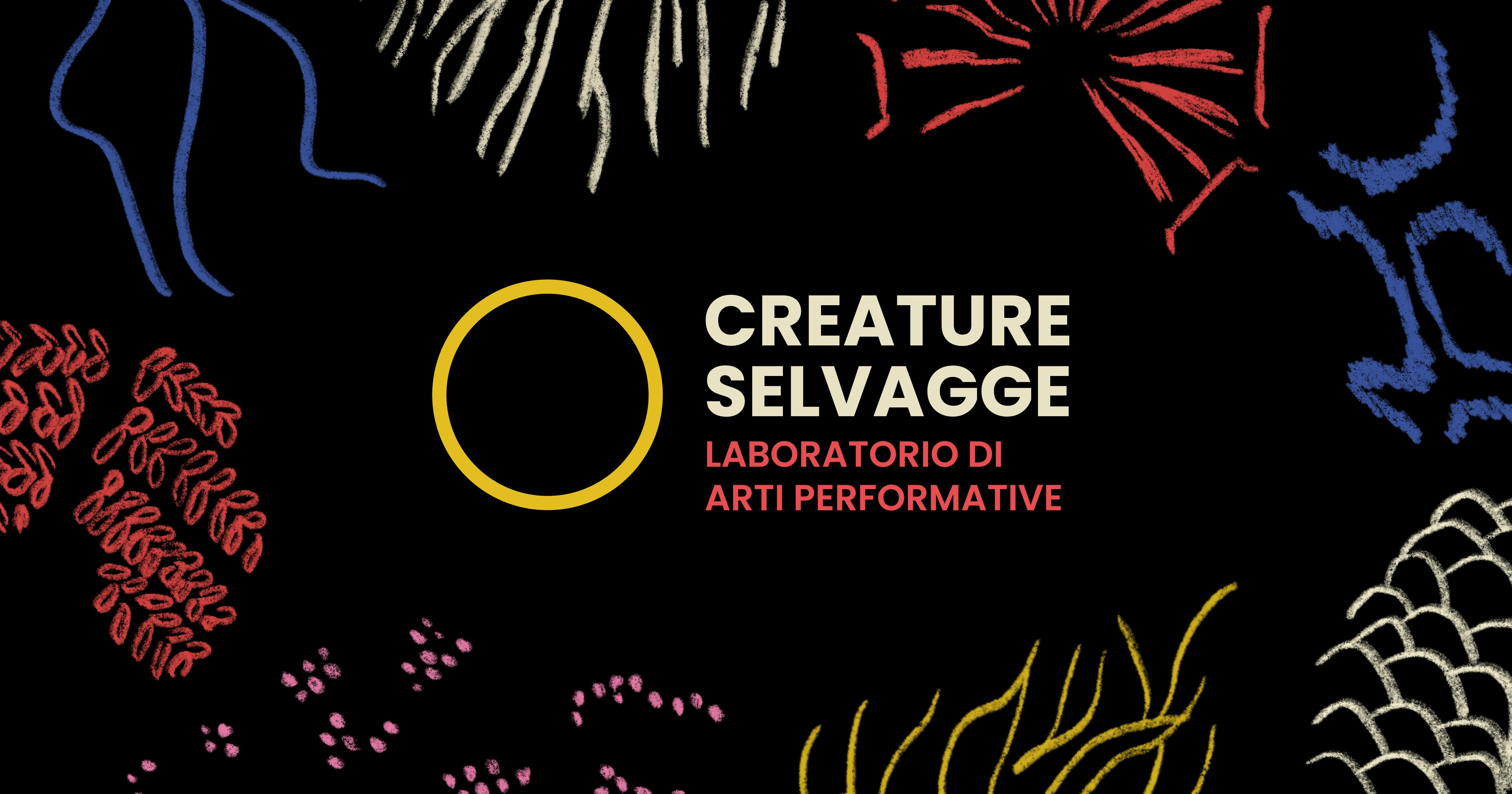 Creature Selvagge graphics on a black background with writing in the centre and colourful designs around