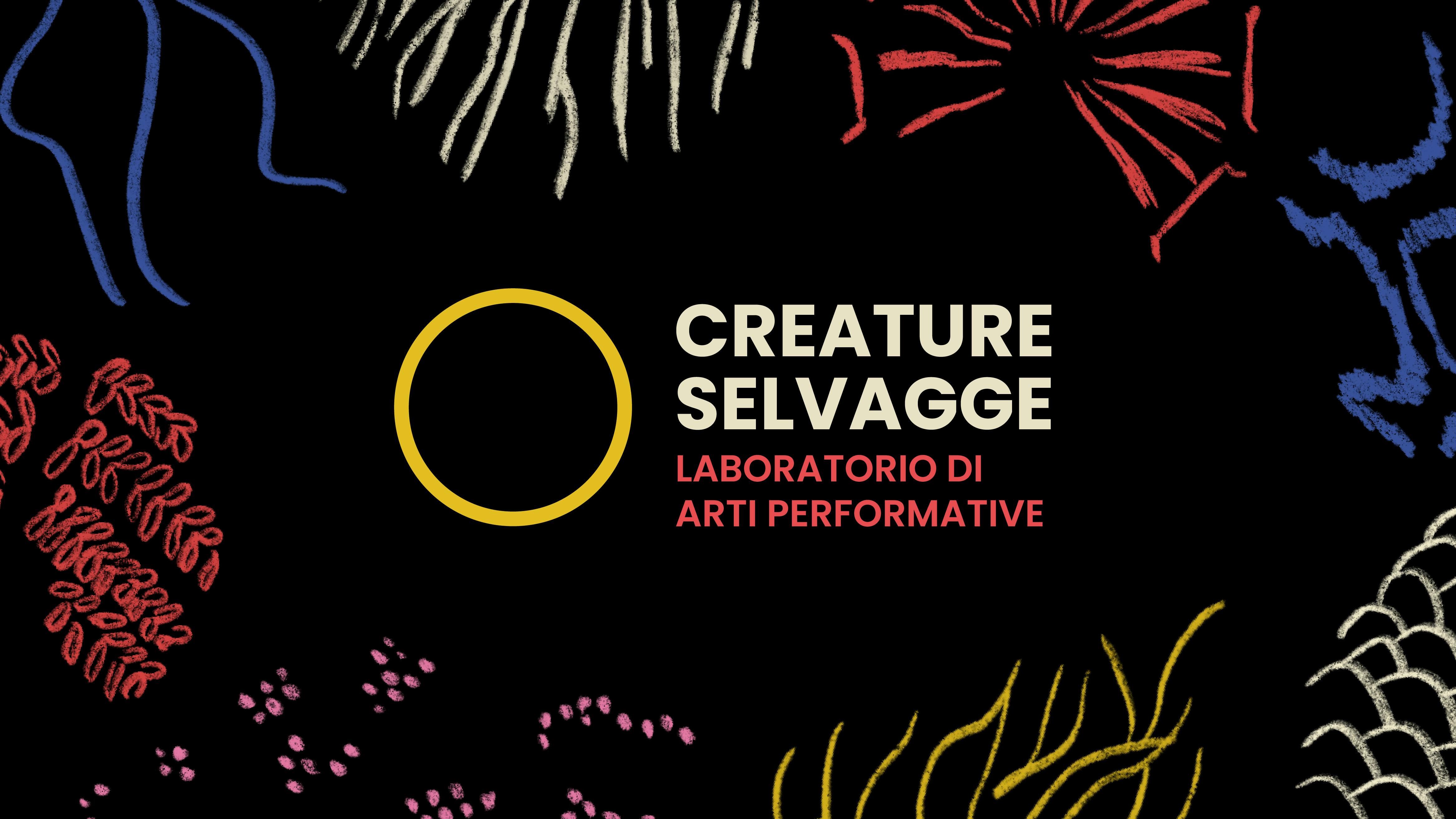 Creature Selvagge graphics on a black background with writing in the centre and colourful designs around