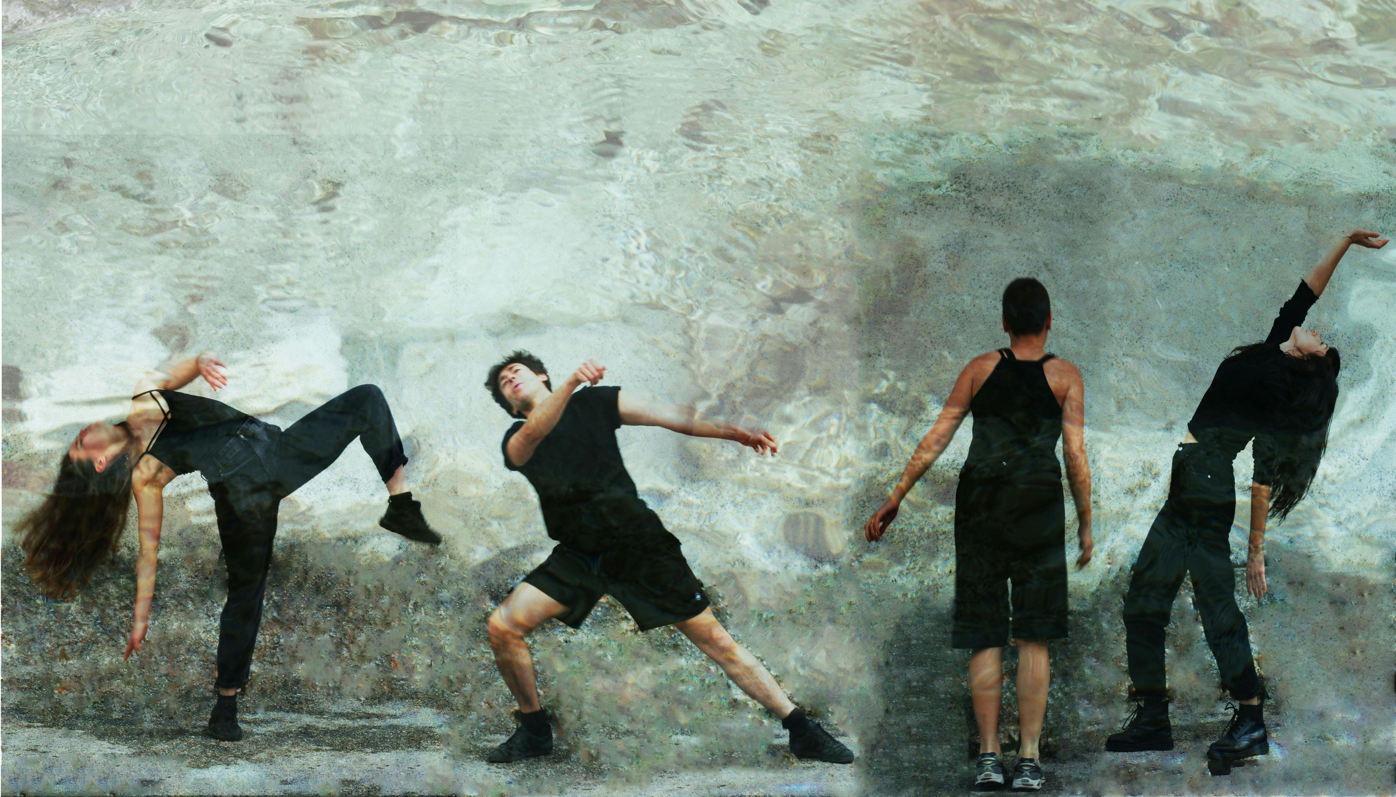 Four dancers moving - from right to left: two in a frontal position, one from the back and one from the side - with a background imitating the reflection of water