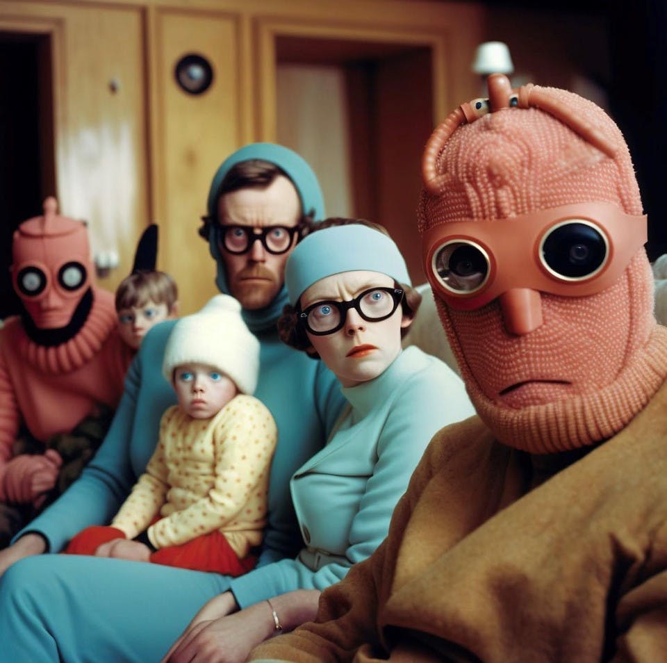 Image representative of Carlo Massari's new research work: two performers wear a costume that covers their vaults, resembling cockroaches, while a strange man and woman sit on the sofa holding a child.