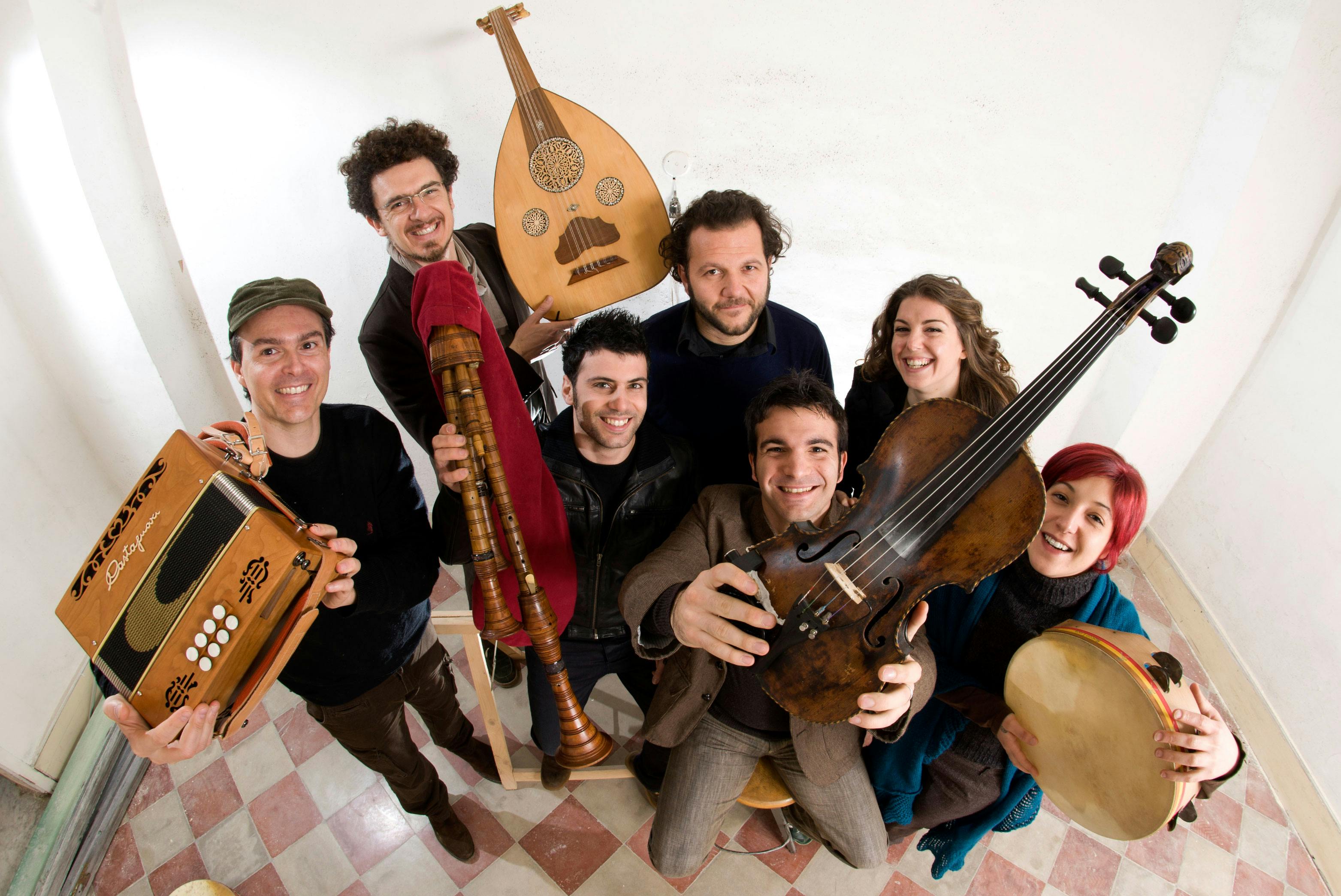 A photo of the band from above, with instruments visible.