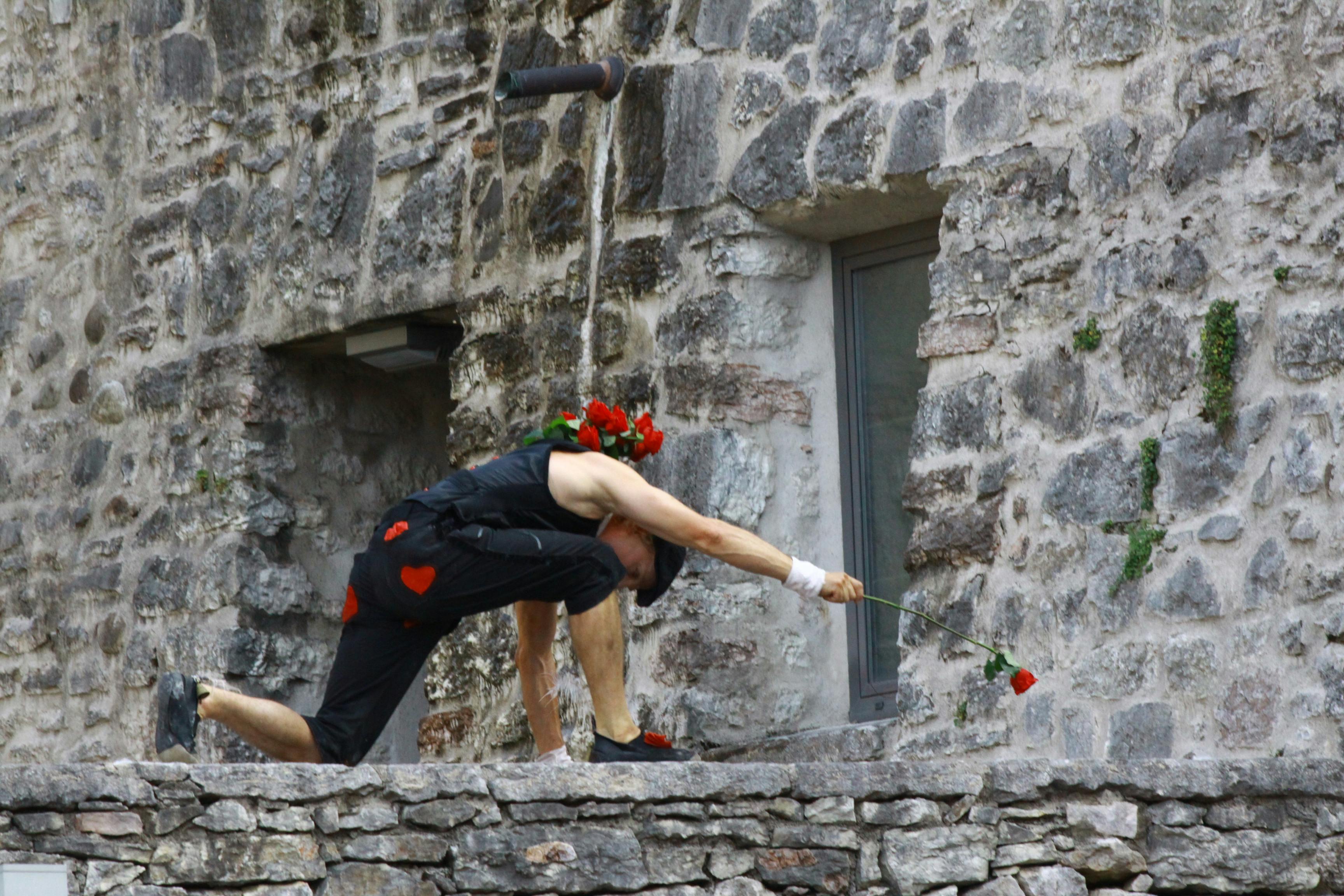 On a concrete wall, an artist is leaning on their left knee. Their right arm is outstretched, holding a rose.