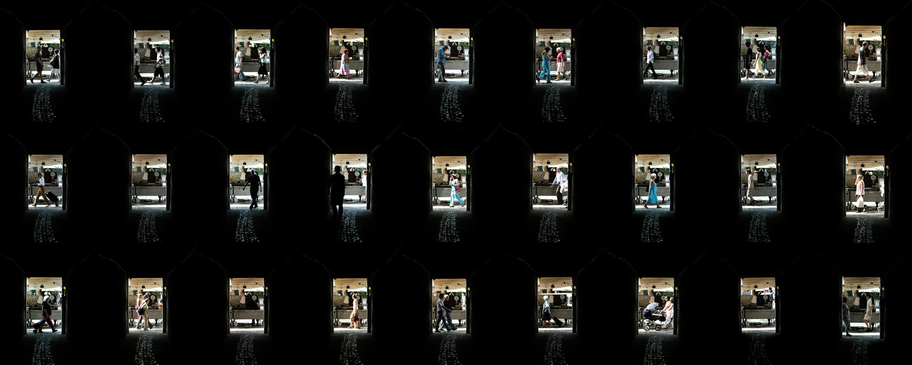 Black background with small openings each on a different moment of the creation of a film