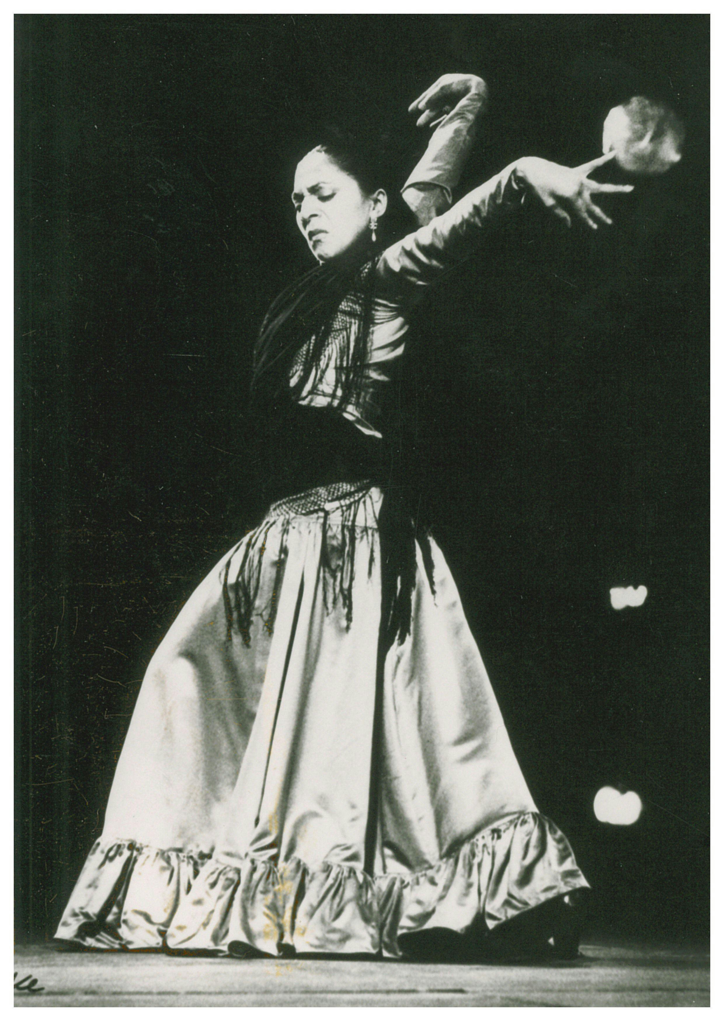 Flamenco dancer alone on stage, wearing typical costumes.