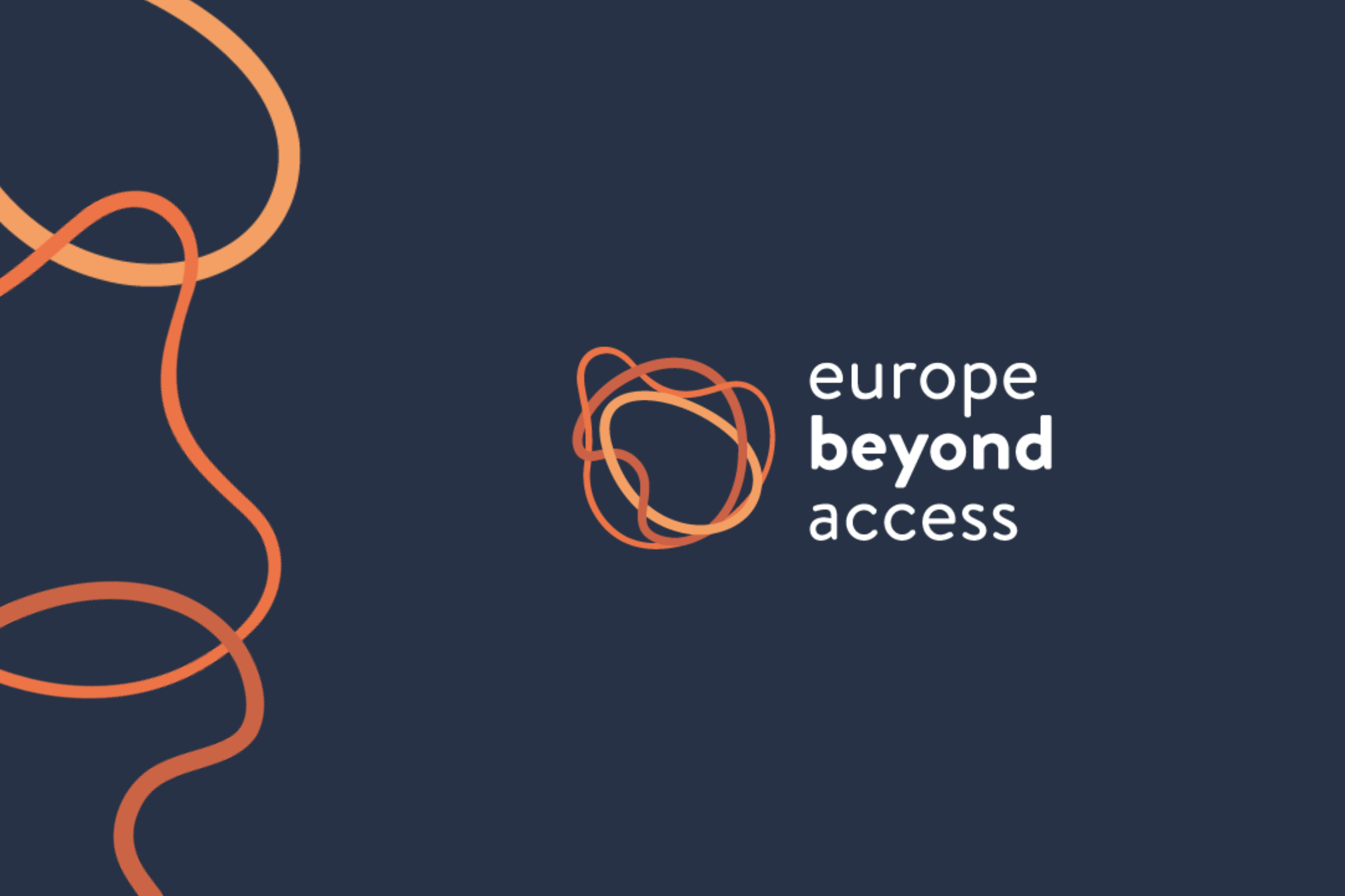 Blue background graphic, white lettering with the words "Europe Beyond Access" and orange graphic illustration