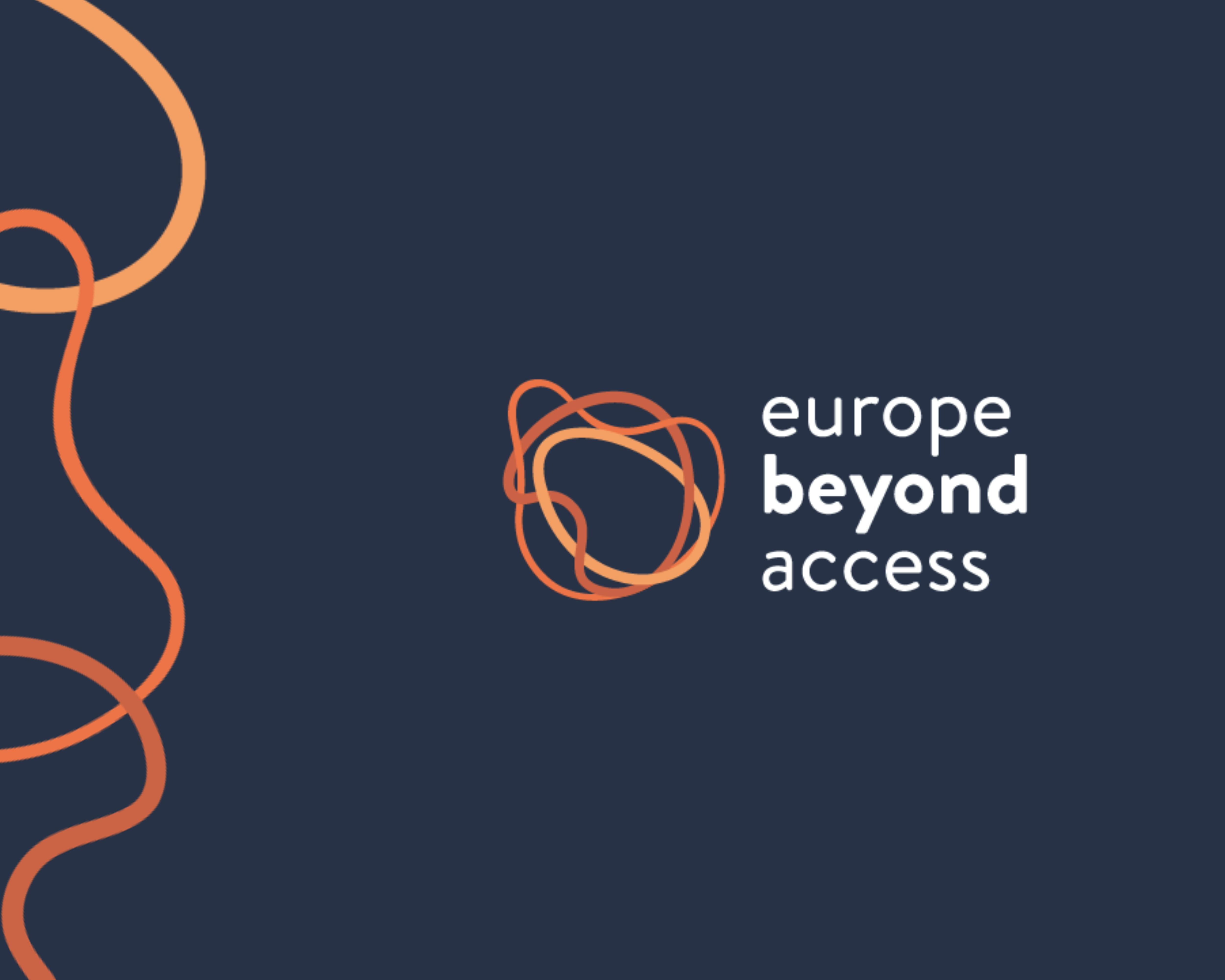 Blue background graphic, white lettering with the words "Europe Beyond Access" and orange graphic illustration
