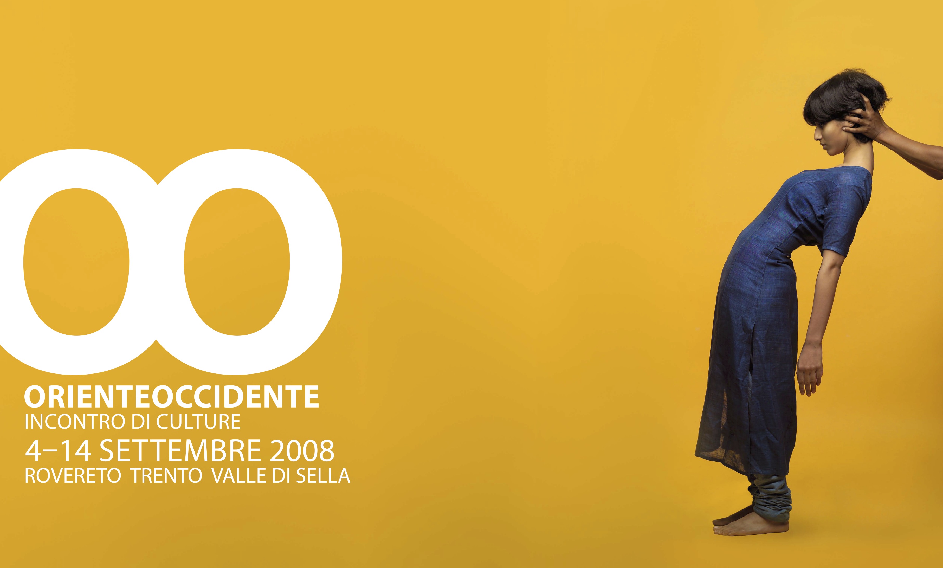 Festival graphic work: the image is yellow, with white lettering (Oriente Occidente Incontro di culture), two O's in white on the left, while on the right a female figure dressed in blue is supported by a hand.