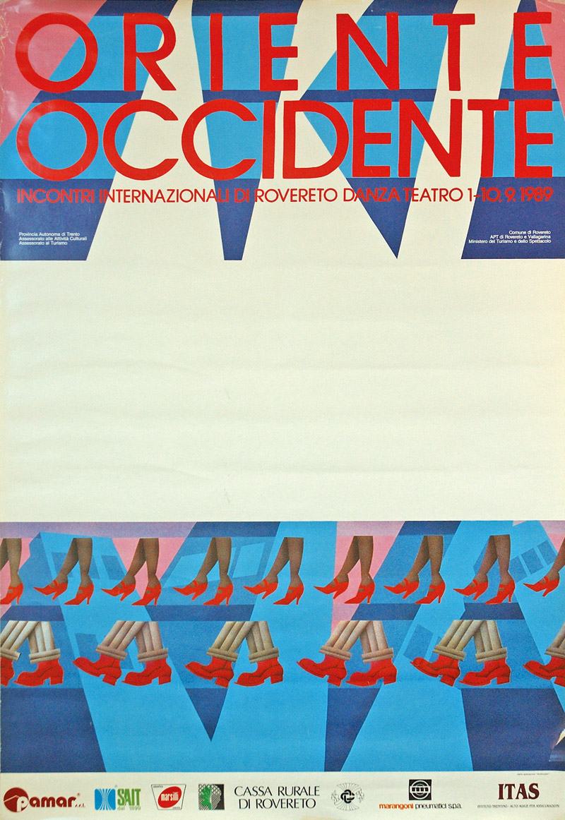 Festival graphic work: the design features the title Oriente Occidente in red lettering on a blue and white geometric background, with a series of moving legs, shod with red shoes, arranged at the bottom, suggesting a dance-related theme.