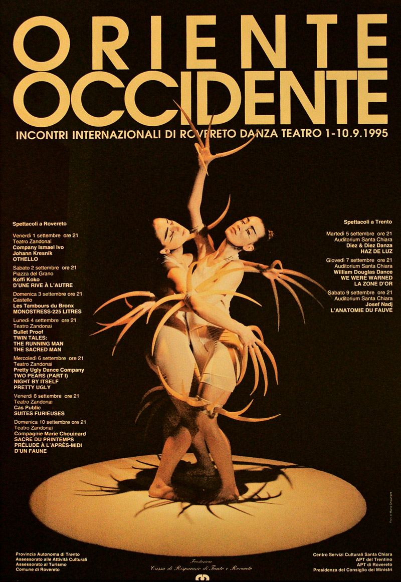 Lavoro grafico del Festival: l'immagine mostra due ballerini intrecciati in una coreografia stilizzata, circondati da elementi che sembrano prolungamenti dei loro corpi, su uno sfondo nero con scritte in giallo.