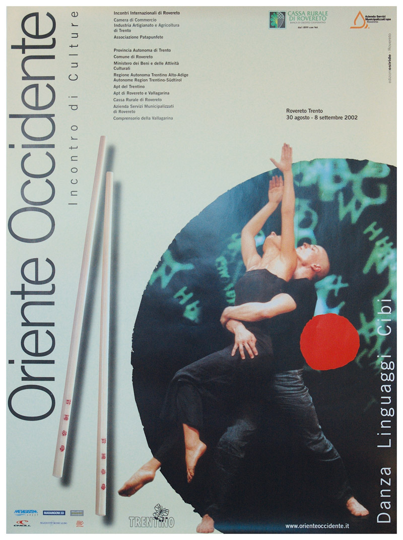 The Festival's graphic work: the image has a white background, two Chinese chopsticks in the foreground, while two dancers on the right are superimposed on the Oriente Occidente logo with the red sticker.  The title, on the other hand, is on the left vertically.