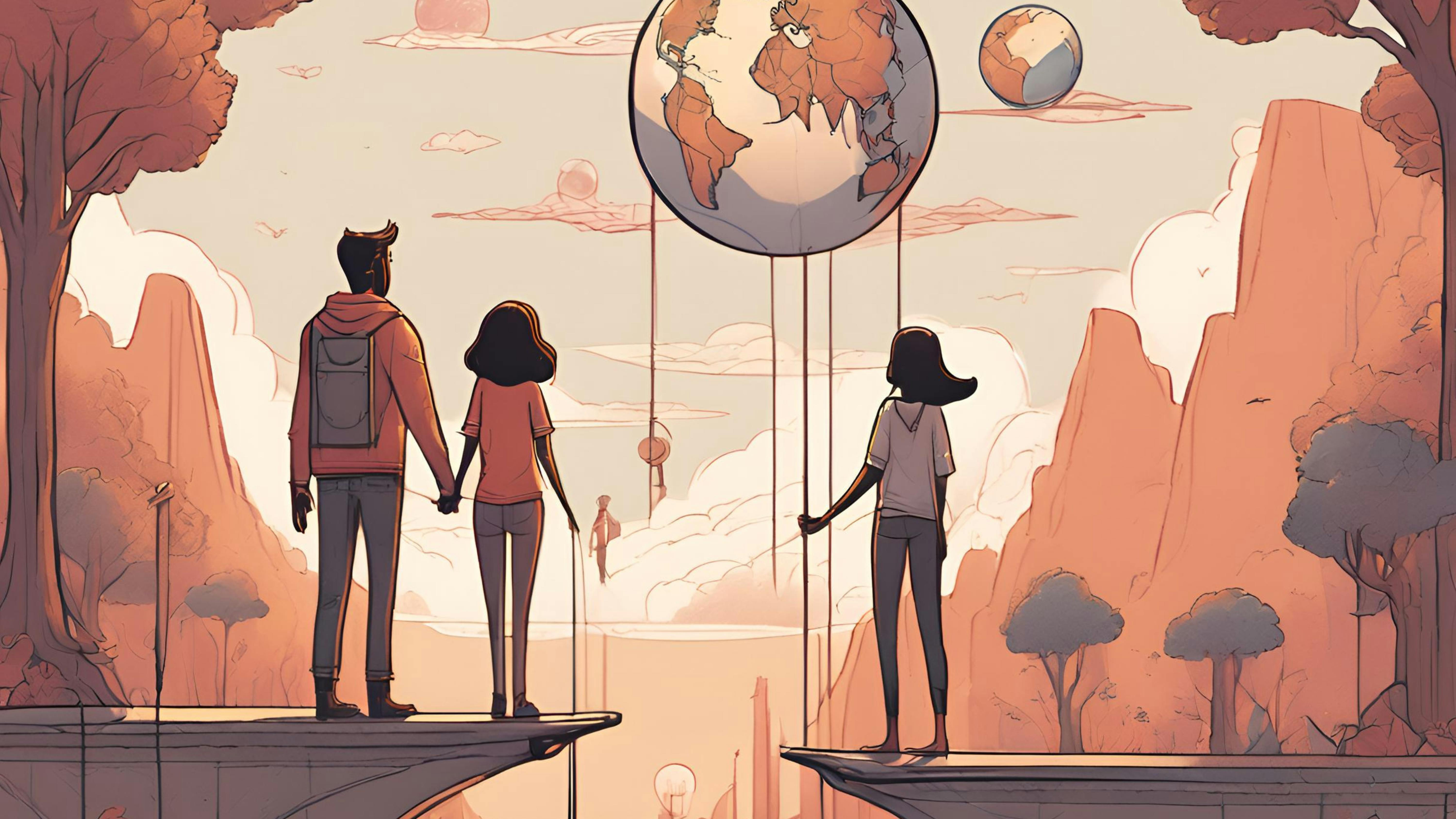Linguaggi 2024 Illustrazione di tre figure di schiena che guardano dei mondi fluttuanti