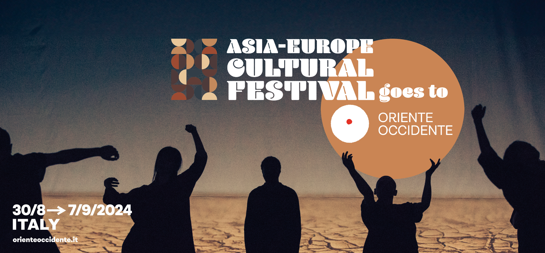 Immagine con al centro il lettering Asia-Europe Cultural Festival goes to Oriente Occidente, delle figure in controluce sulla parte bassa del poster